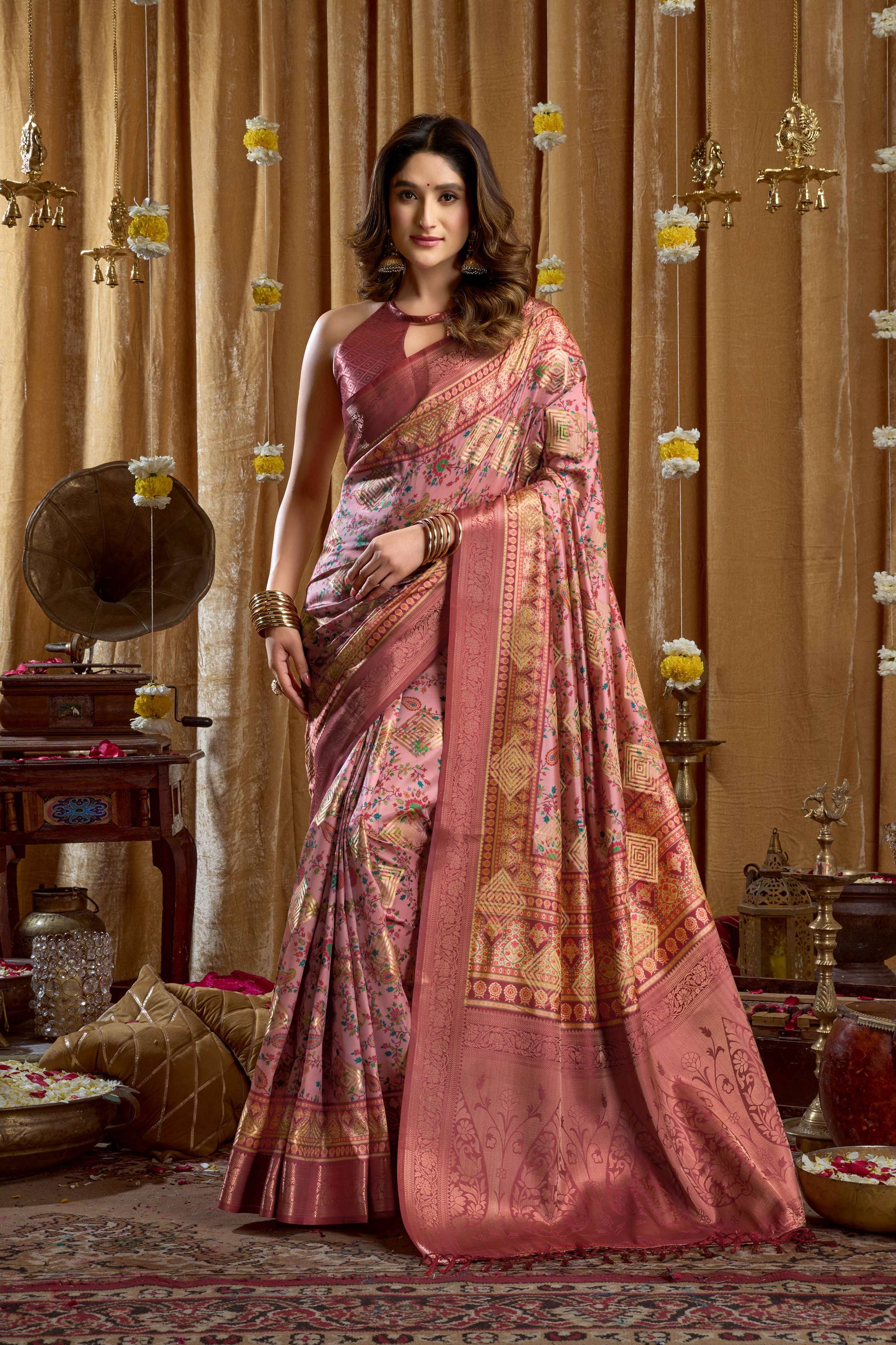 Jyoti Fashion Women's Pink Banarasi Digital Cluster Print Saree with Blouse - Dista