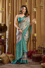 Thumbnail for Jyoti Fashion Women's Turquoise Banarasi Digital Cluster Print Saree with Blouse - Dista