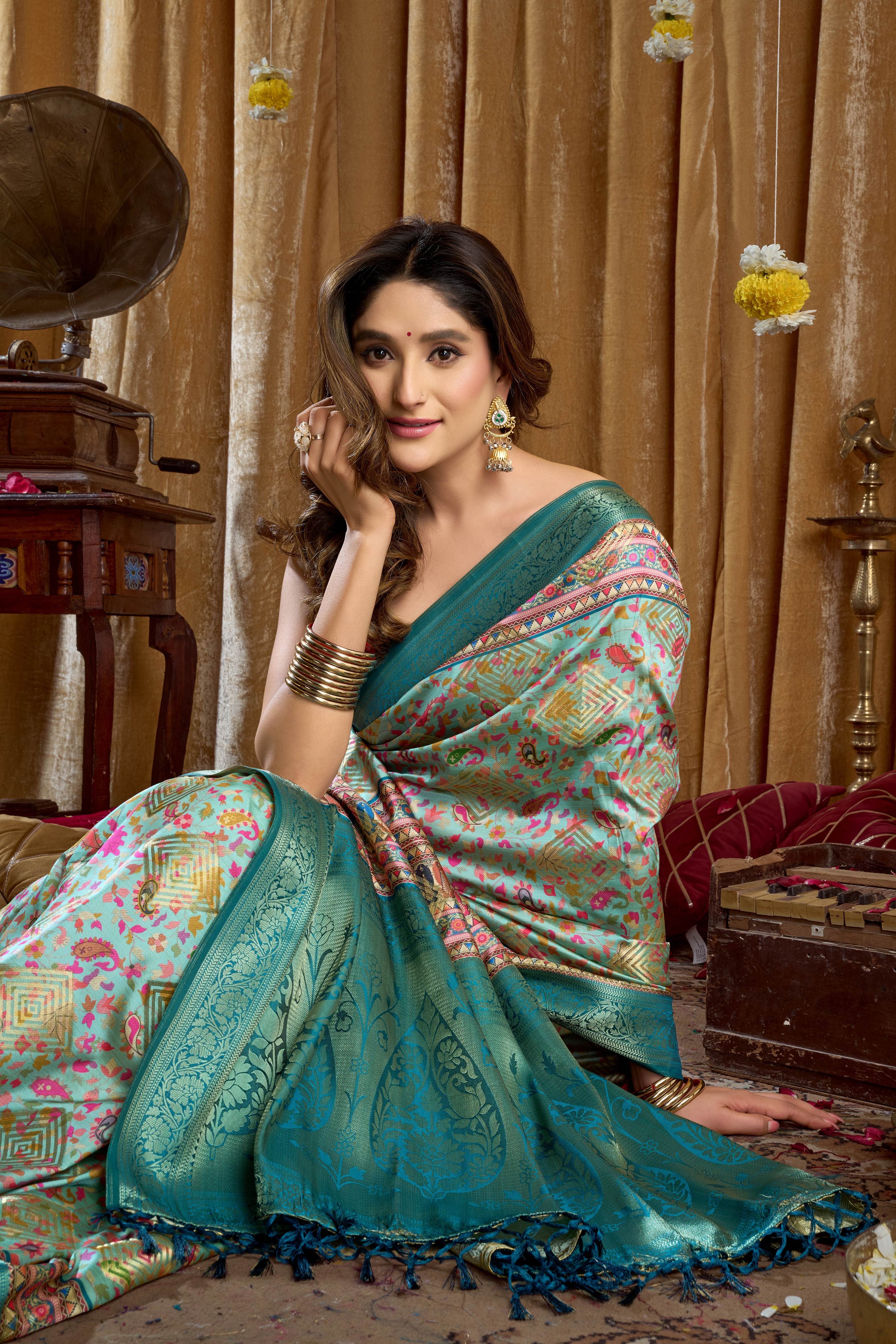 Jyoti Fashion Women's Turquoise Banarasi Digital Cluster Print Saree with Blouse - Dista