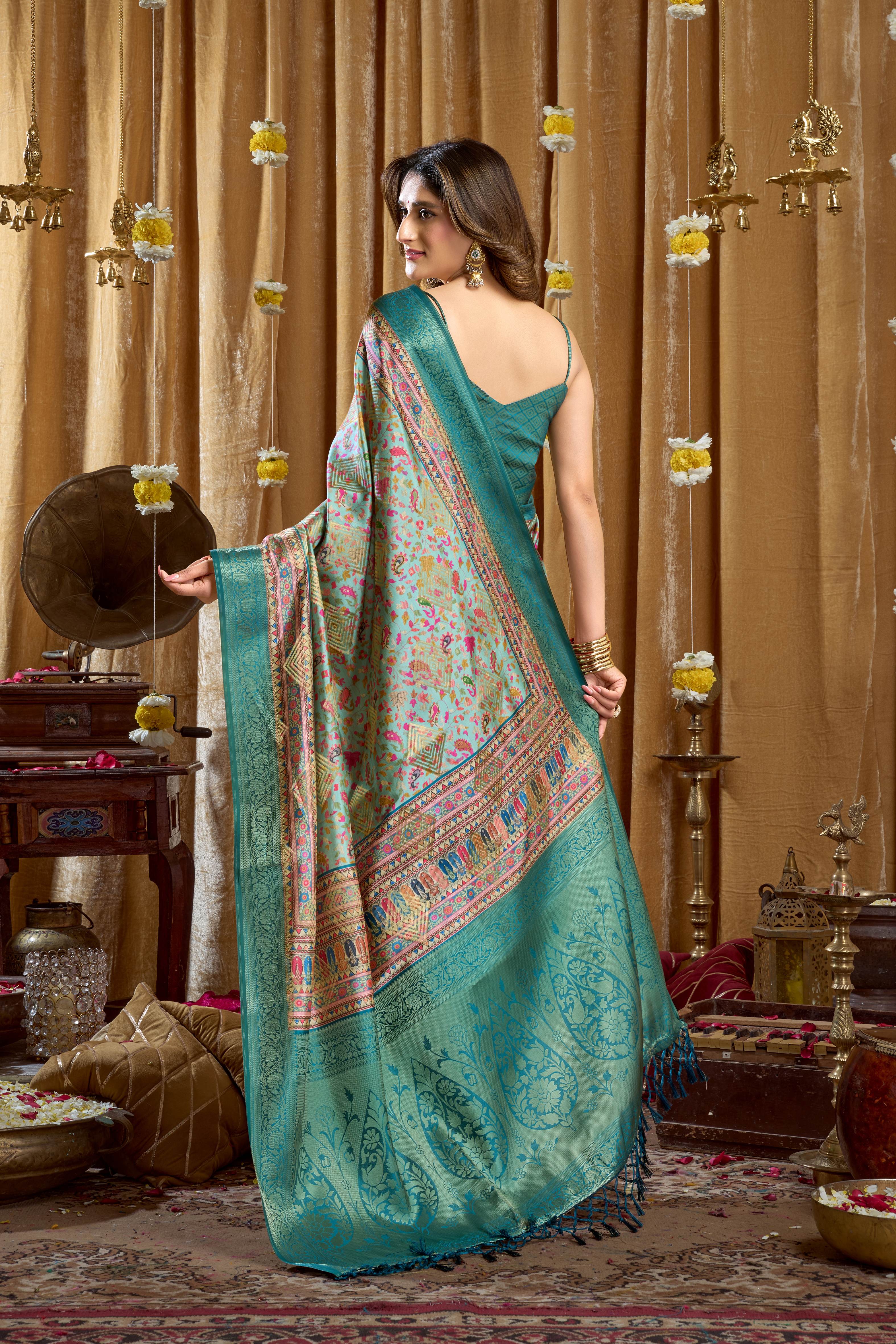 Jyoti Fashion Women's Turquoise Banarasi Digital Cluster Print Saree with Blouse - Dista