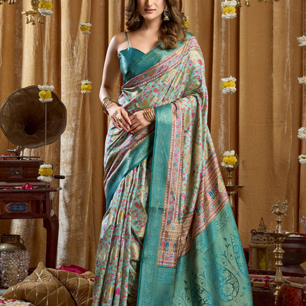 Jyoti Fashion Women's Turquoise Banarasi Digital Cluster Print Saree with Blouse - Dista