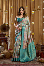 Thumbnail for Jyoti Fashion Women's Turquoise Banarasi Digital Cluster Print Saree with Blouse - Dista