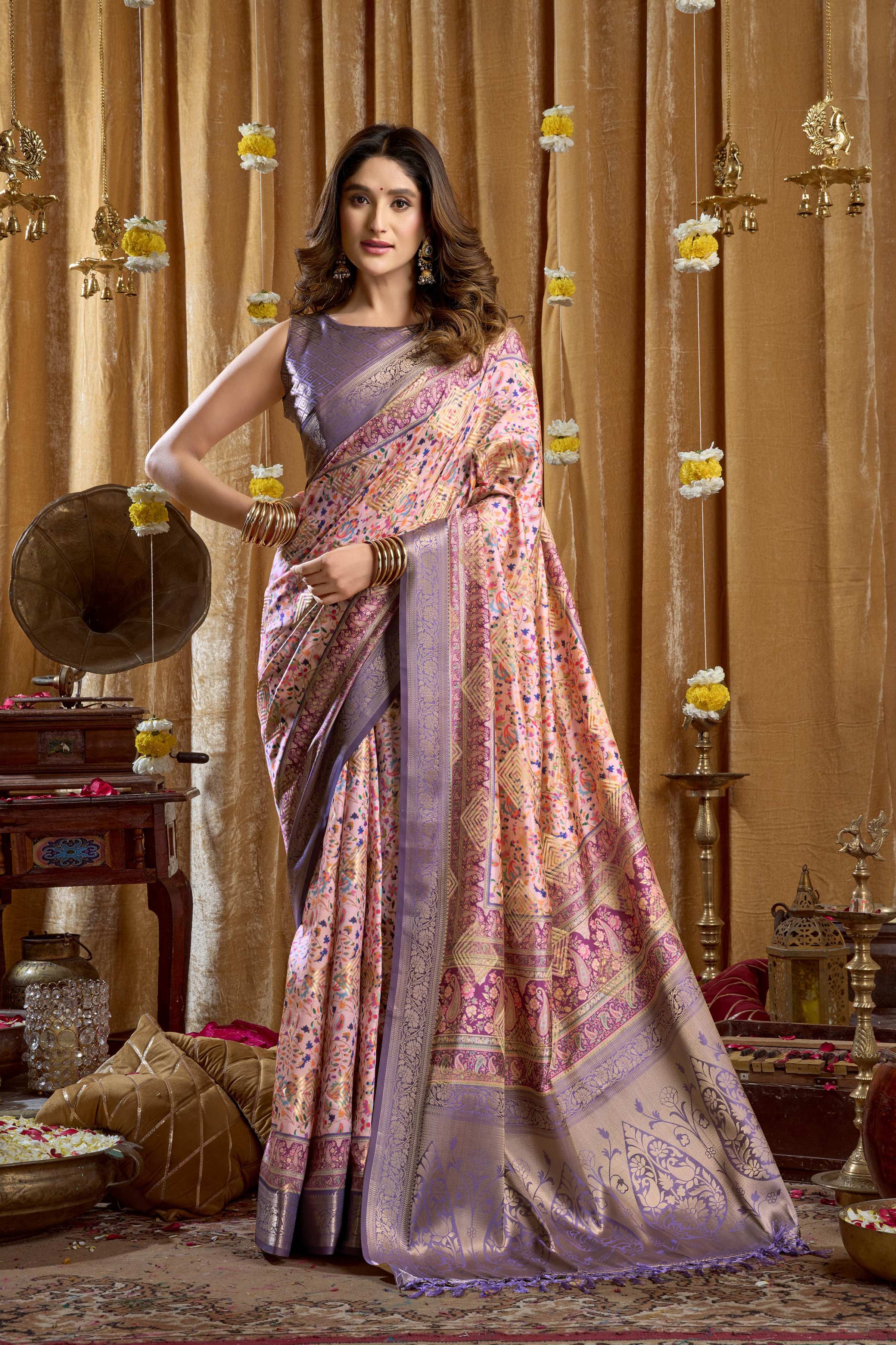 Jyoti Fashion Women's Purple Banarasi Digital Cluster Print Saree with Blouse - Dista