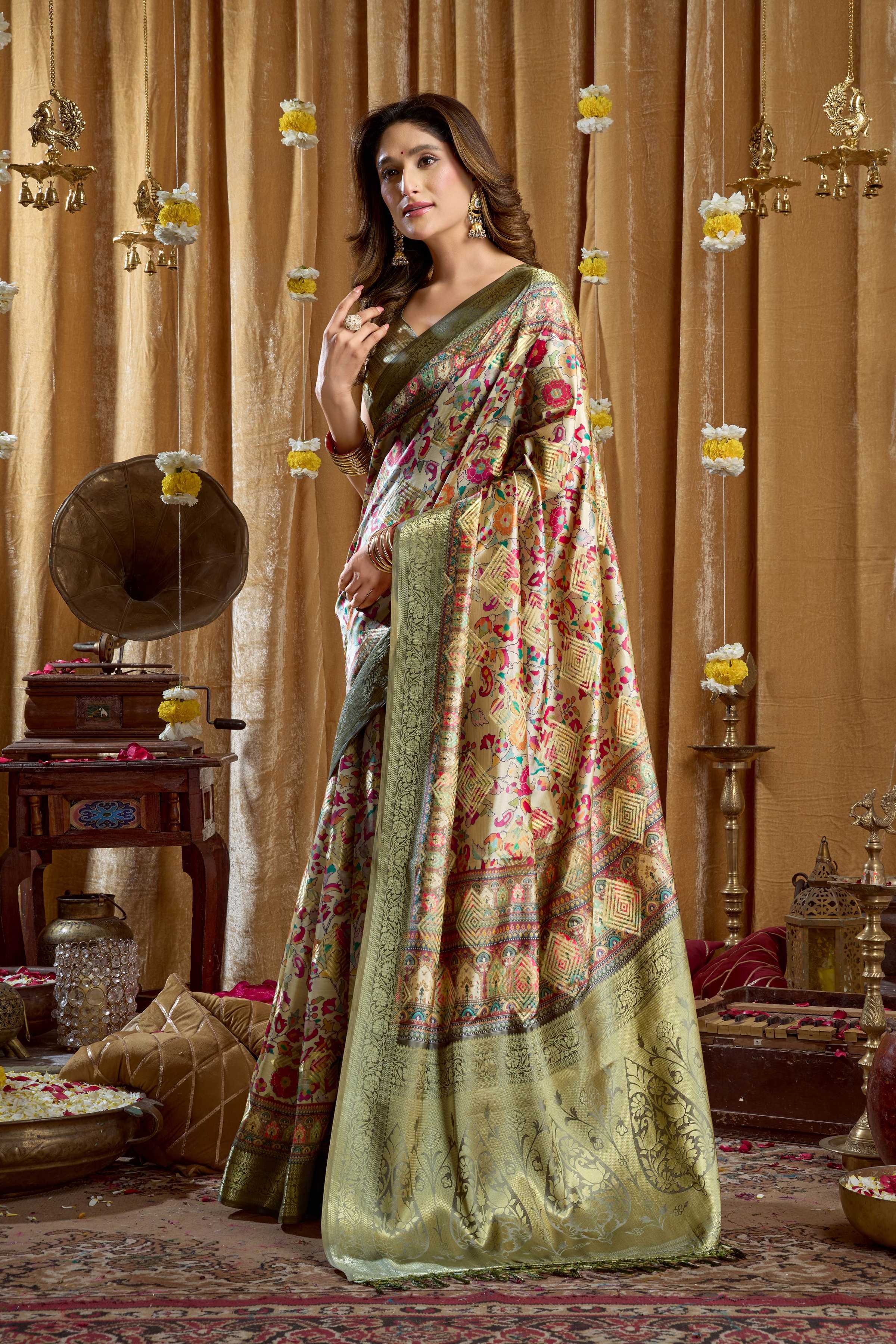 Jyoti Fashion Women's Green Banarasi Digital Cluster Print Saree with Blouse - Dista