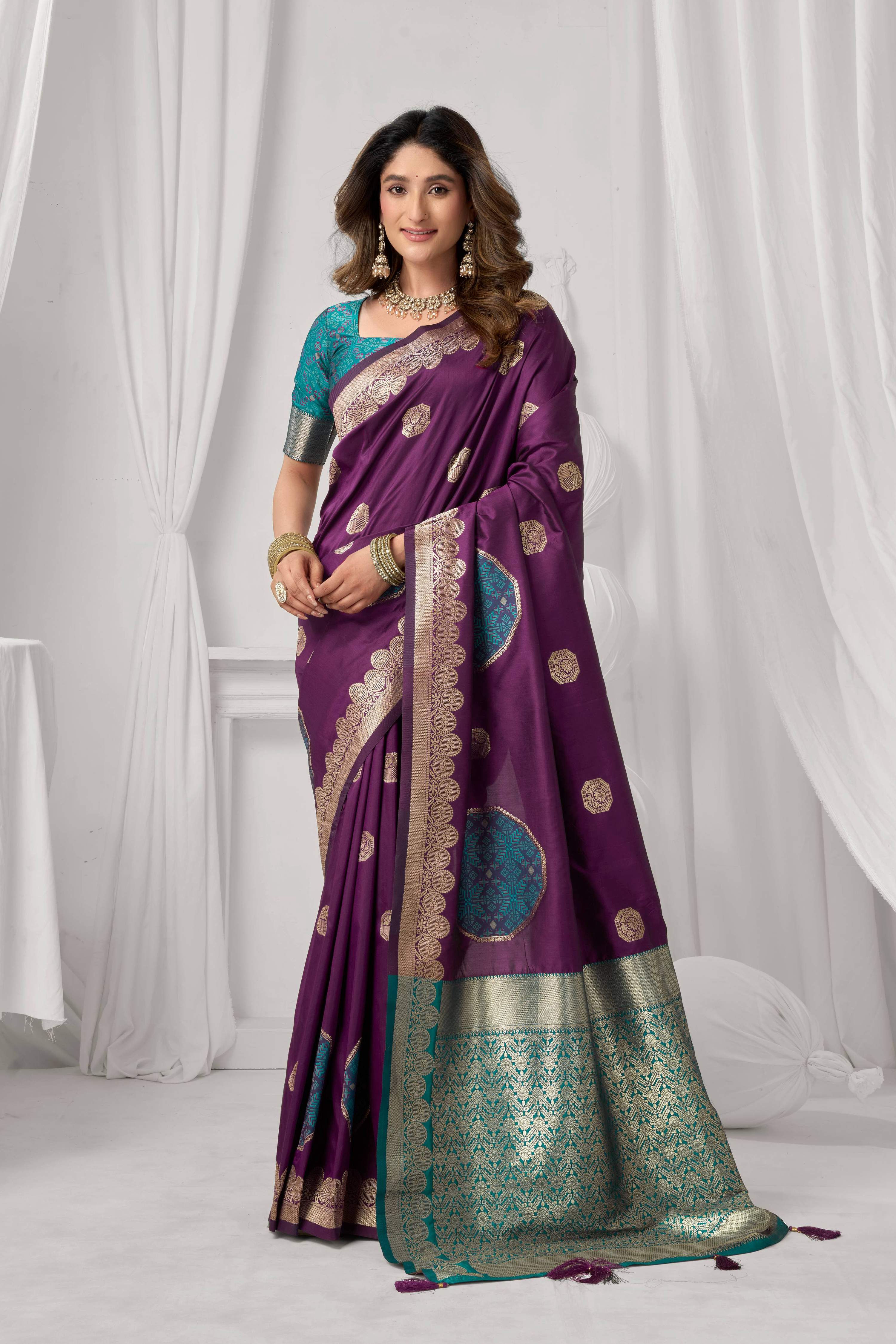 Jyoti Fashion Women's Wine Soft Silk Zari Woven Saree with Blouse - Dista