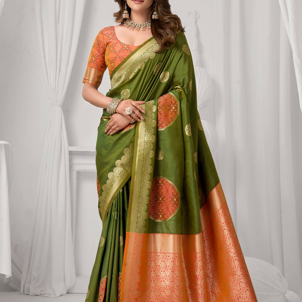 Jyoti Fashion Women's Green Soft Silk Zari Woven Saree with Blouse - Dista