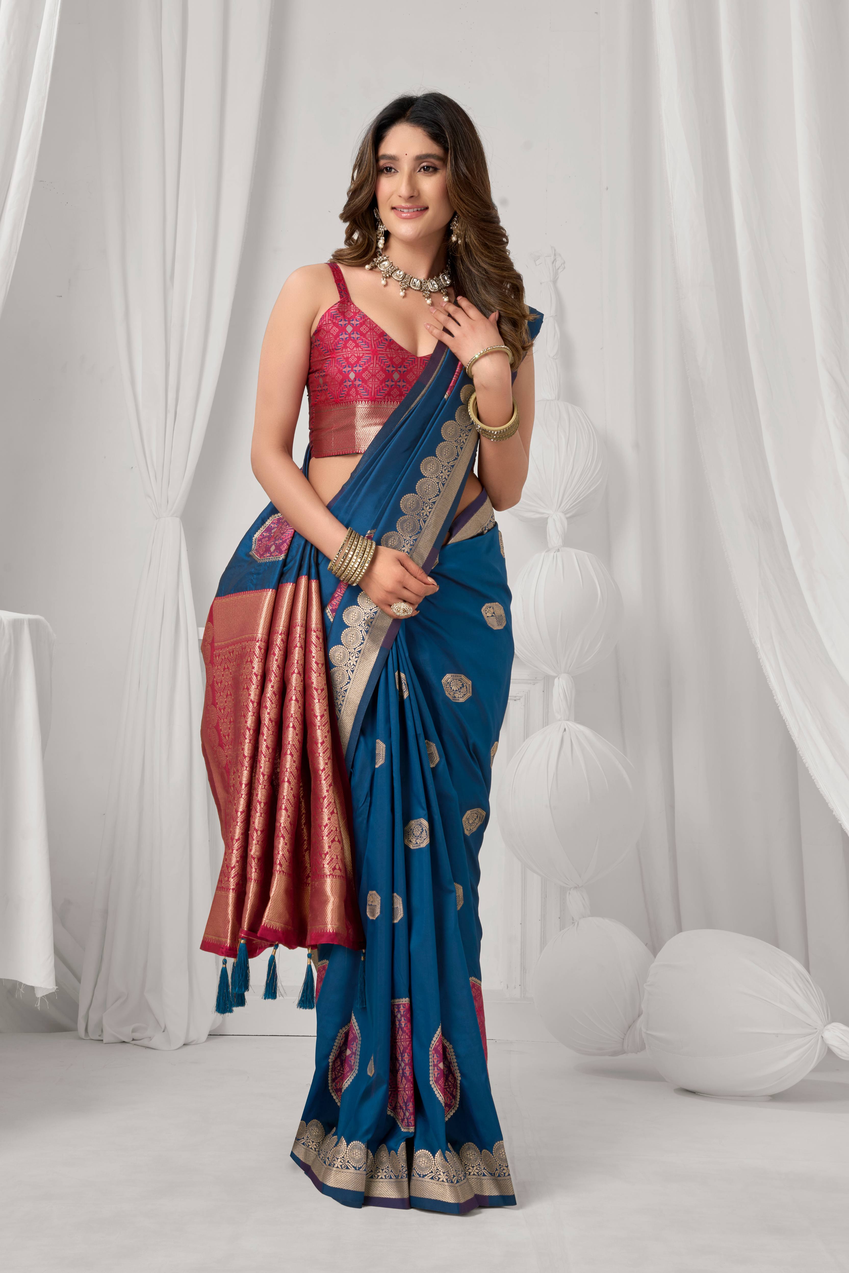 Jyoti Fashion Women's Blue Soft Silk Zari Woven Saree with Blouse - Dista