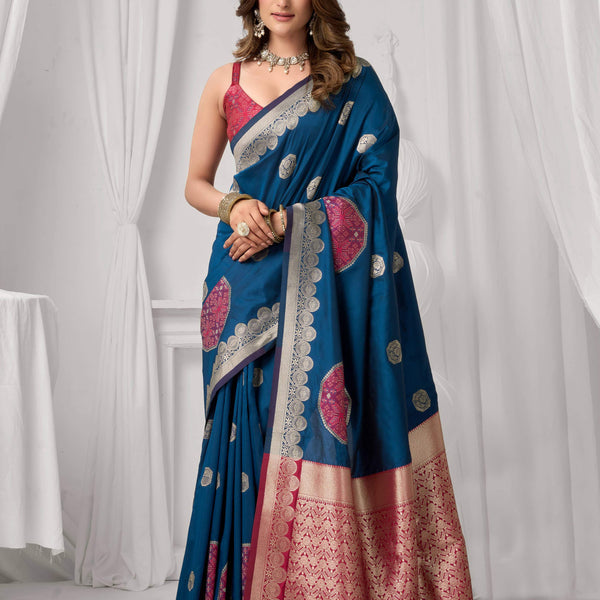 Jyoti Fashion Women's Blue Soft Silk Zari Woven Saree with Blouse - Dista