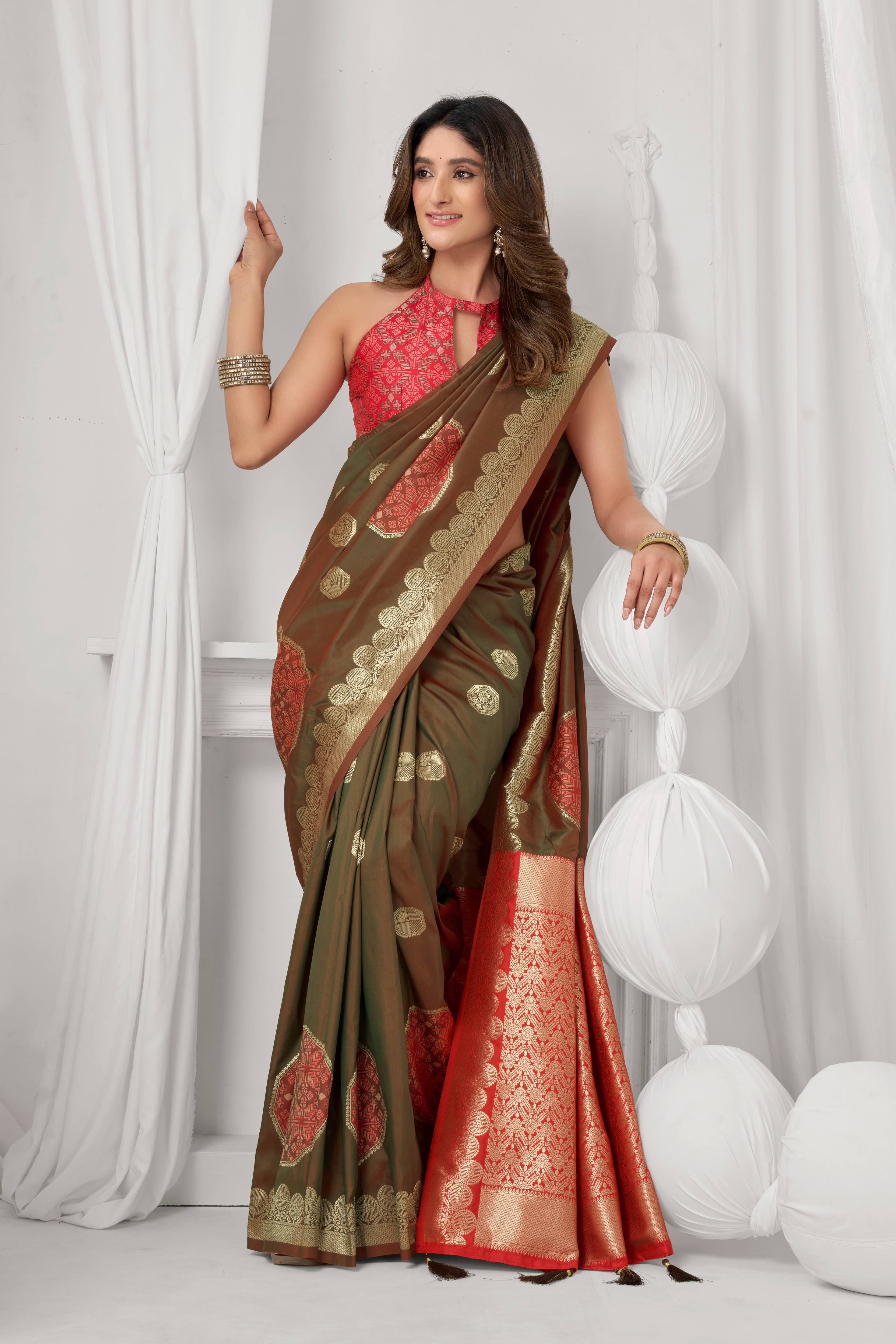 Jyoti Fashion Women's Coffee Soft Silk Zari Woven Saree with Blouse - Dista