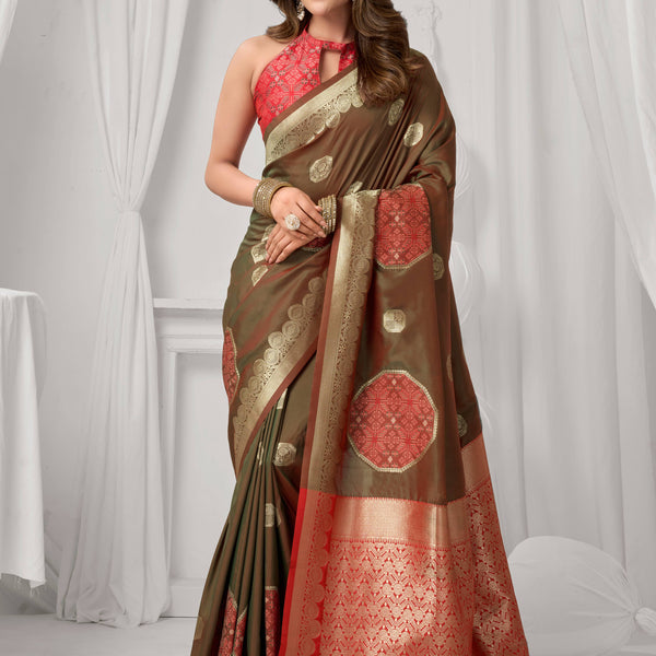 Jyoti Fashion Women's Coffee Soft Silk Zari Woven Saree with Blouse - Dista