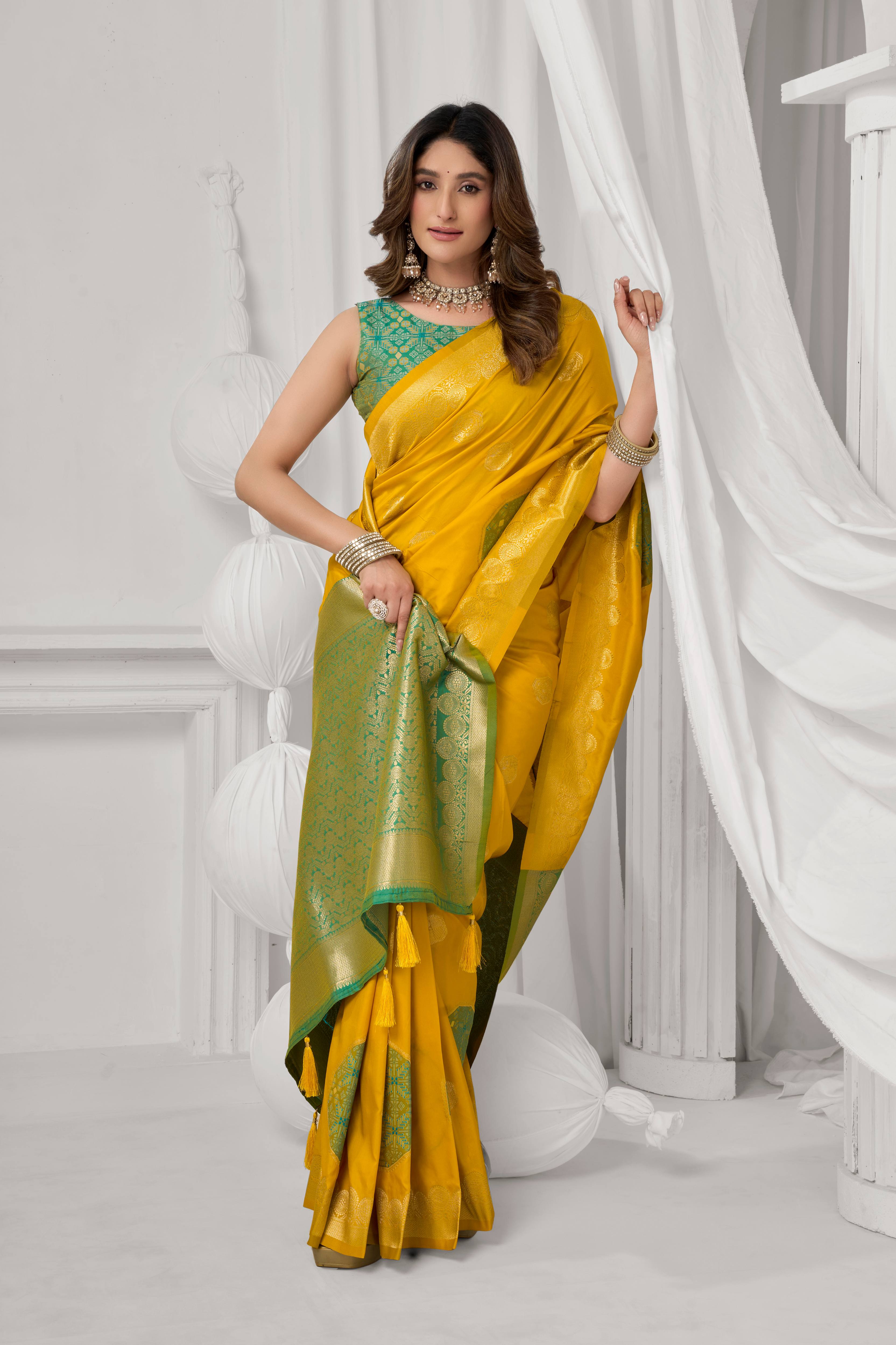 Jyoti Fashion Women's Yellow Soft Silk Zari Woven Saree with Blouse - Dista