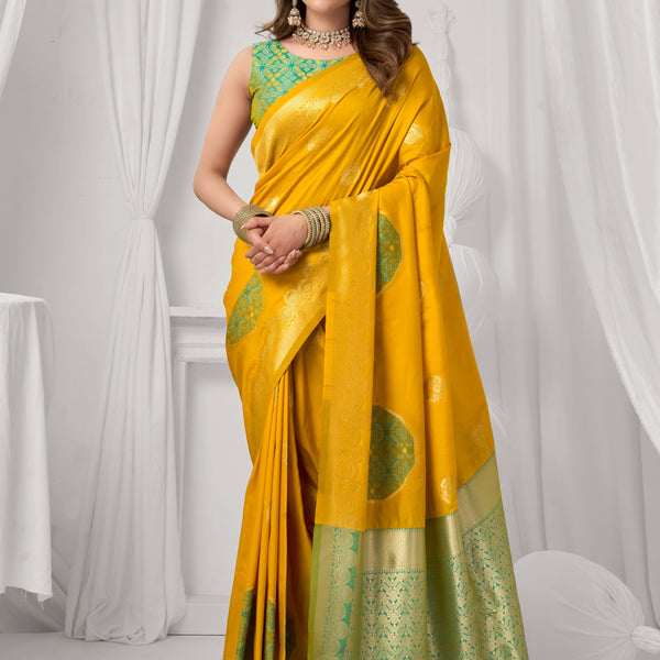 Jyoti Fashion Women's Yellow Soft Silk Zari Woven Saree with Blouse - Dista