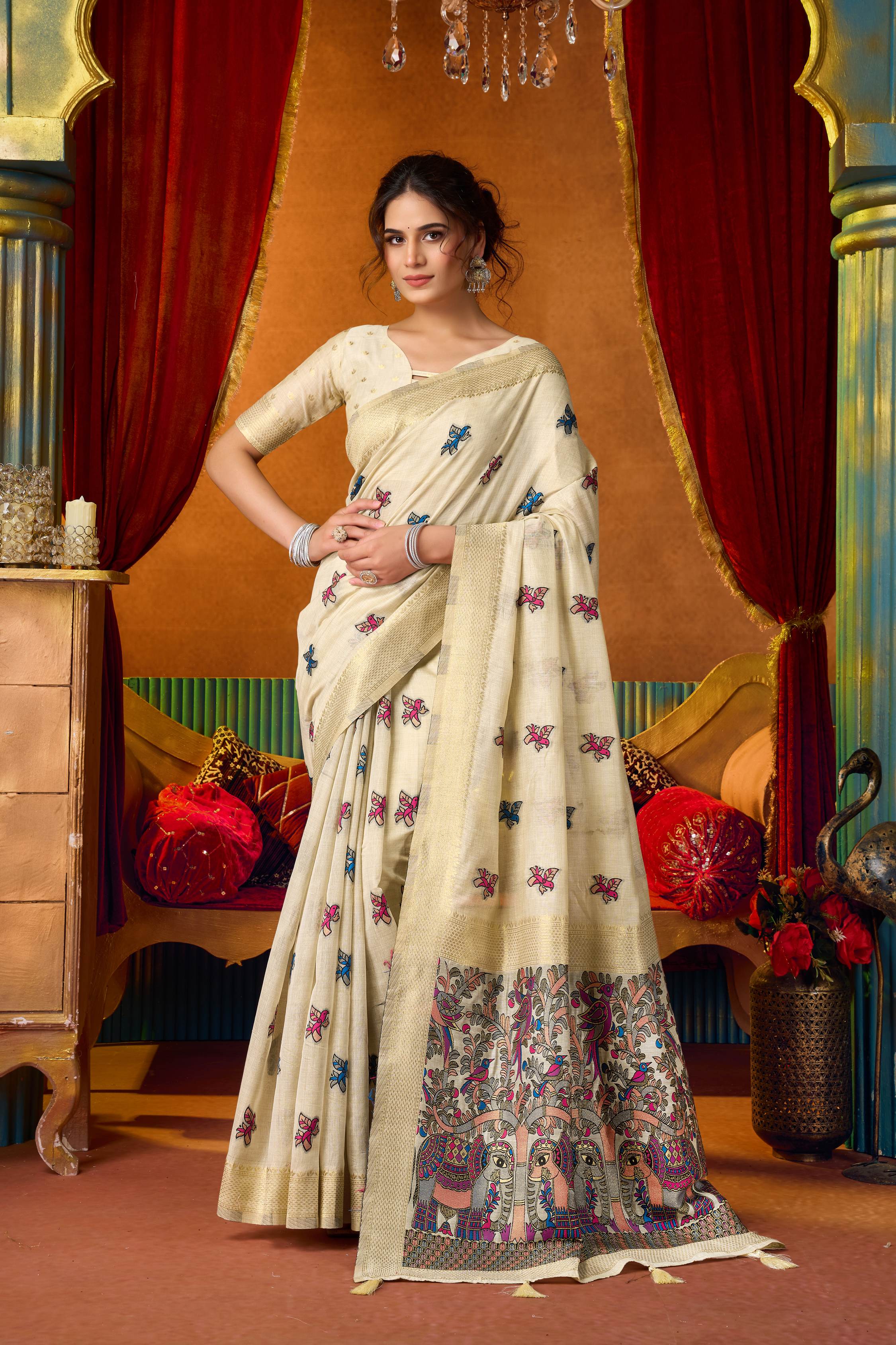 Jyoti Fashion Women's Cream Modal Zari Woven Saree with Blouse - Dista