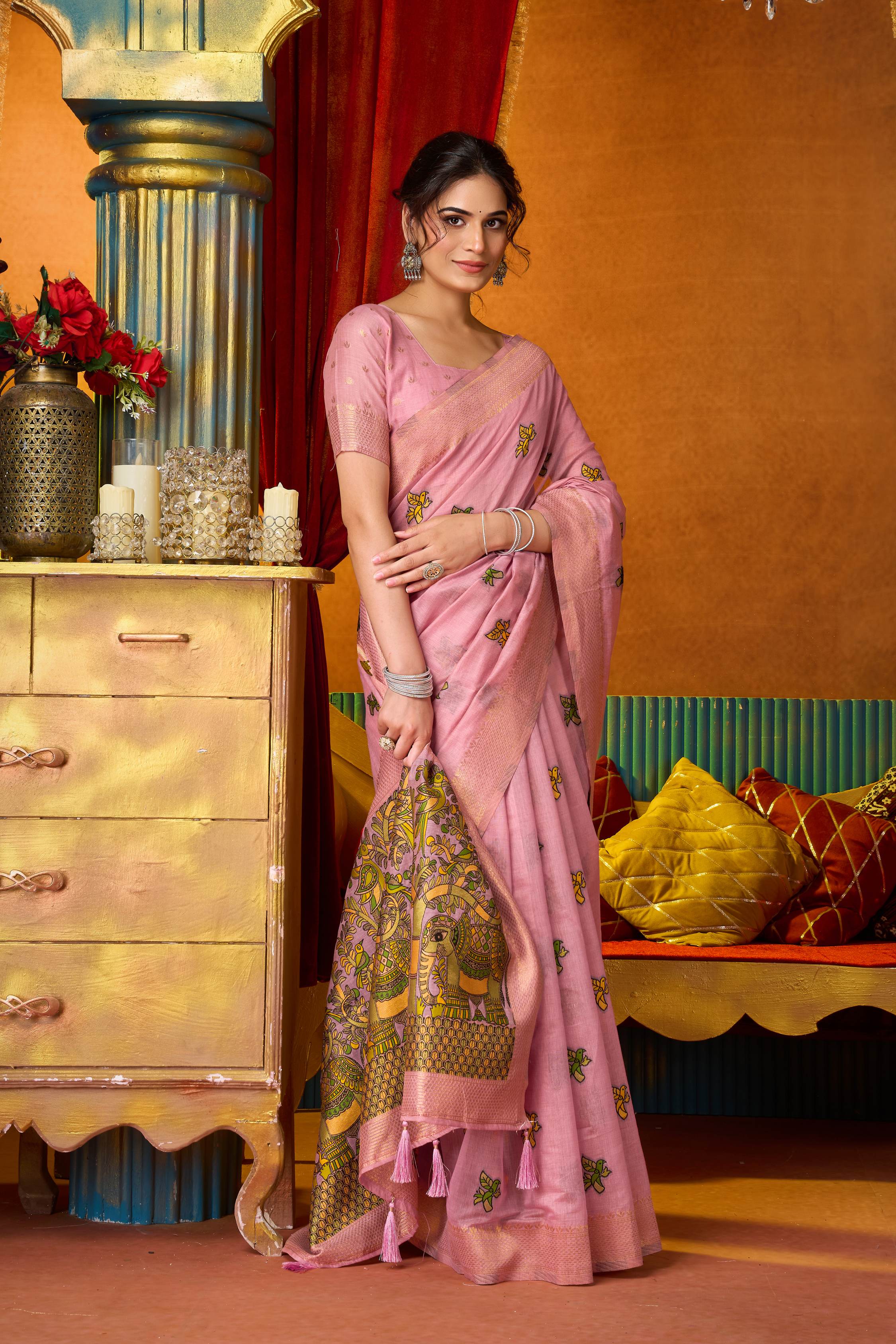 Jyoti Fashion Women's Pink Modal Zari Woven Saree with Blouse - Dista
