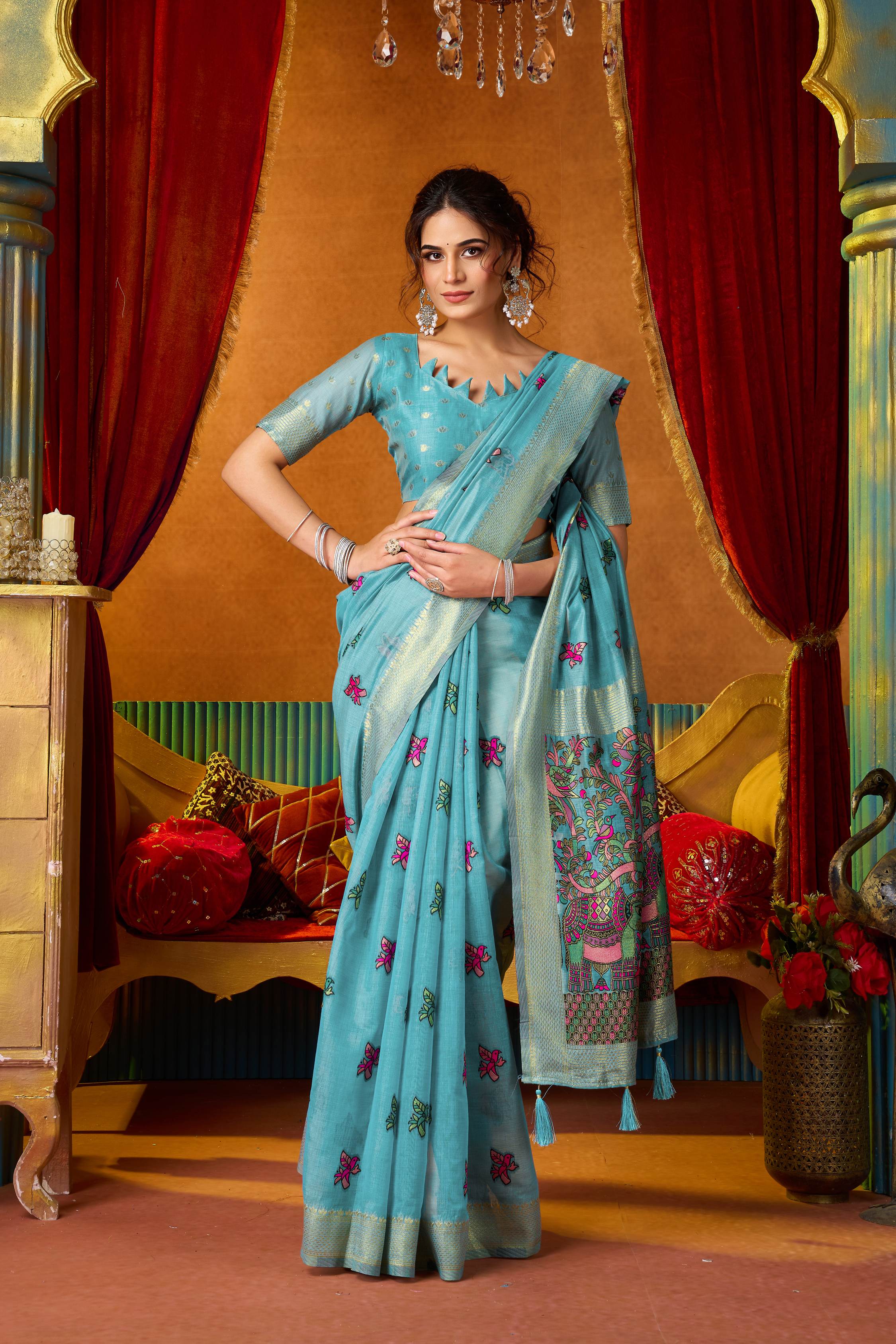 Jyoti Fashion Women's Turquoise Modal Zari Woven Saree with Blouse - Dista