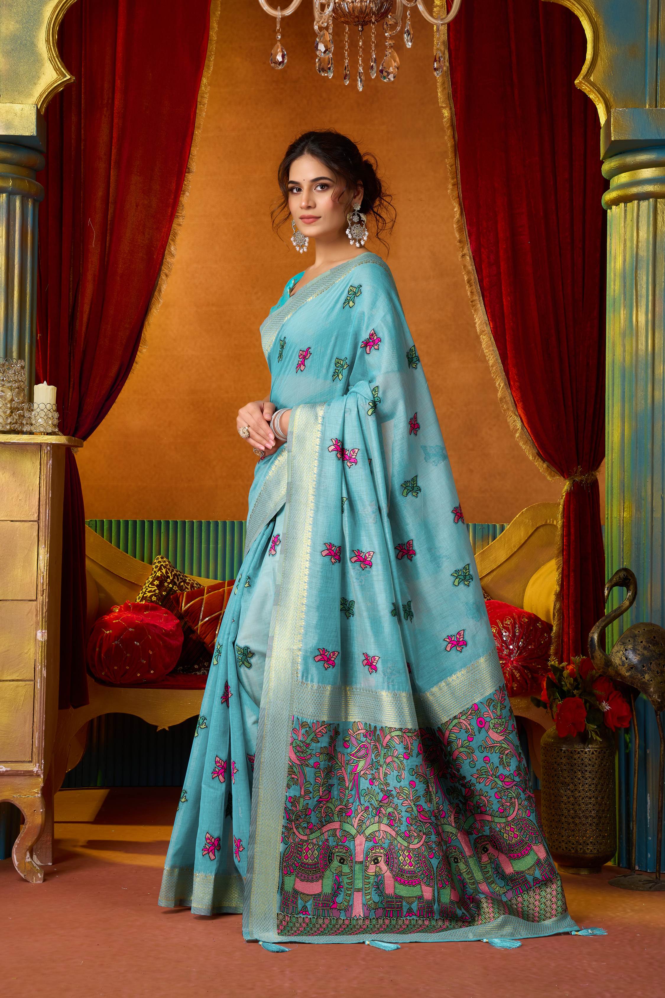 Jyoti Fashion Women's Turquoise Modal Zari Woven Saree with Blouse - Dista