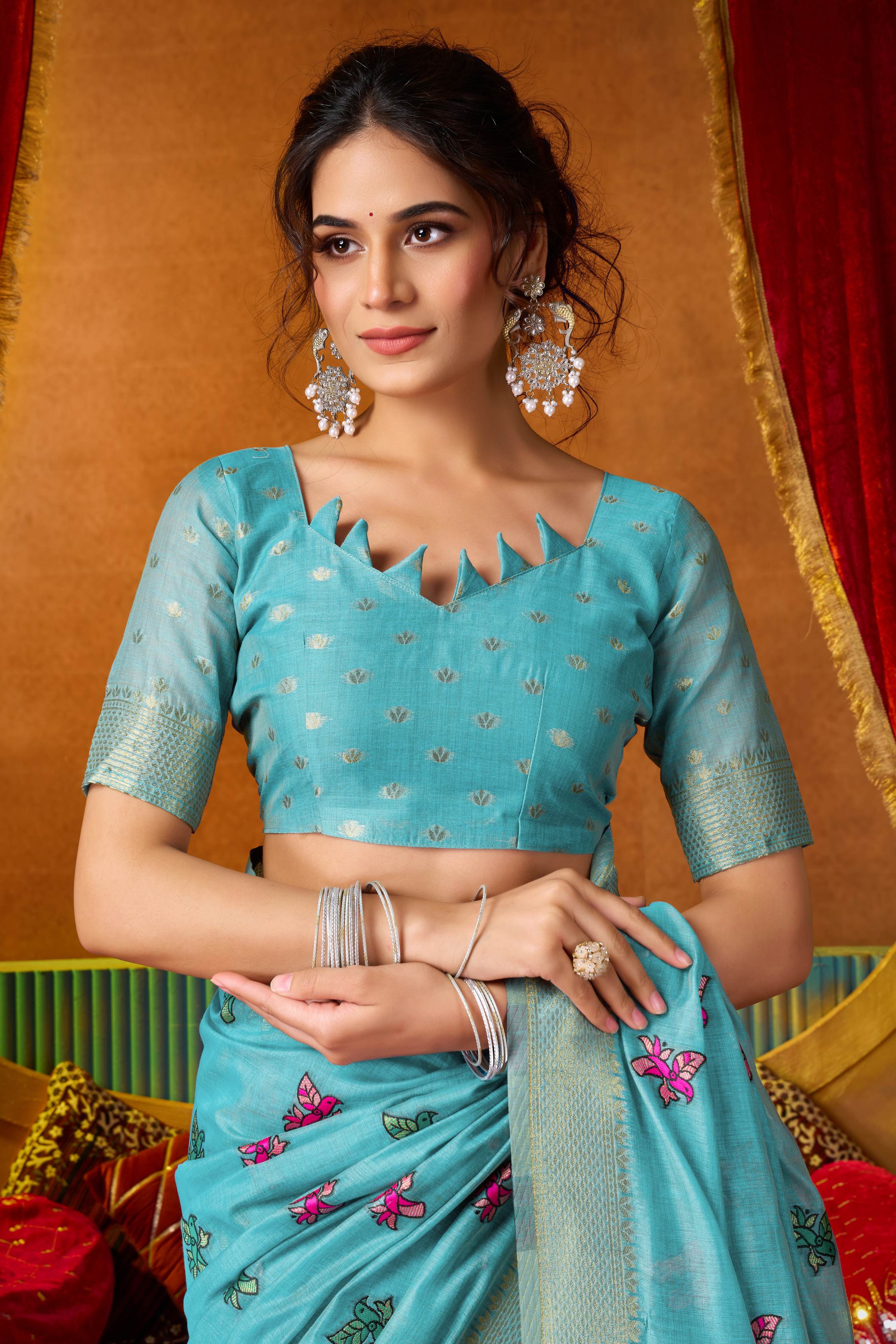 Jyoti Fashion Women's Turquoise Modal Zari Woven Saree with Blouse - Dista