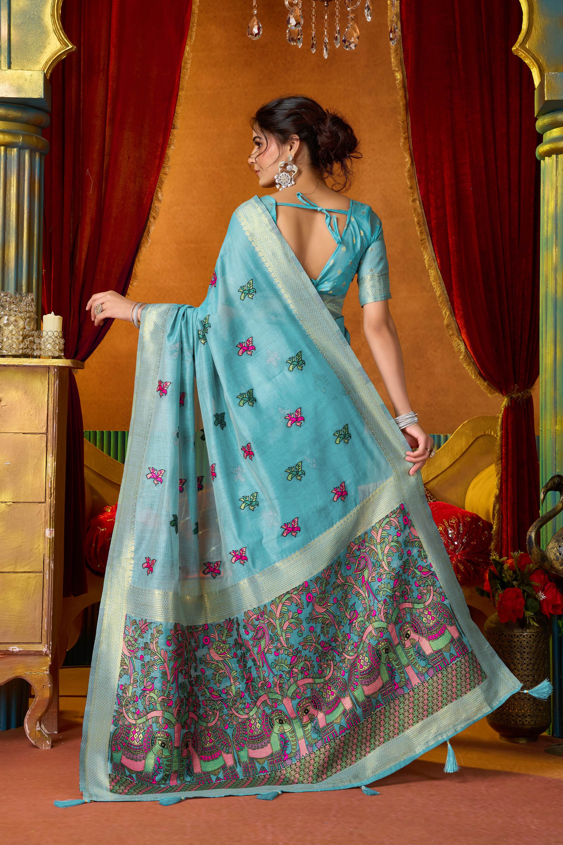 Jyoti Fashion Women's Turquoise Modal Zari Woven Saree with Blouse - Dista