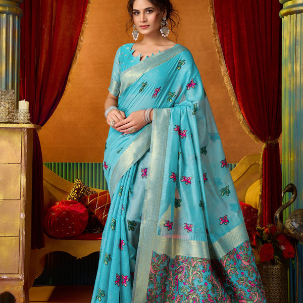 Jyoti Fashion Women's Turquoise Modal Zari Woven Saree with Blouse - Dista