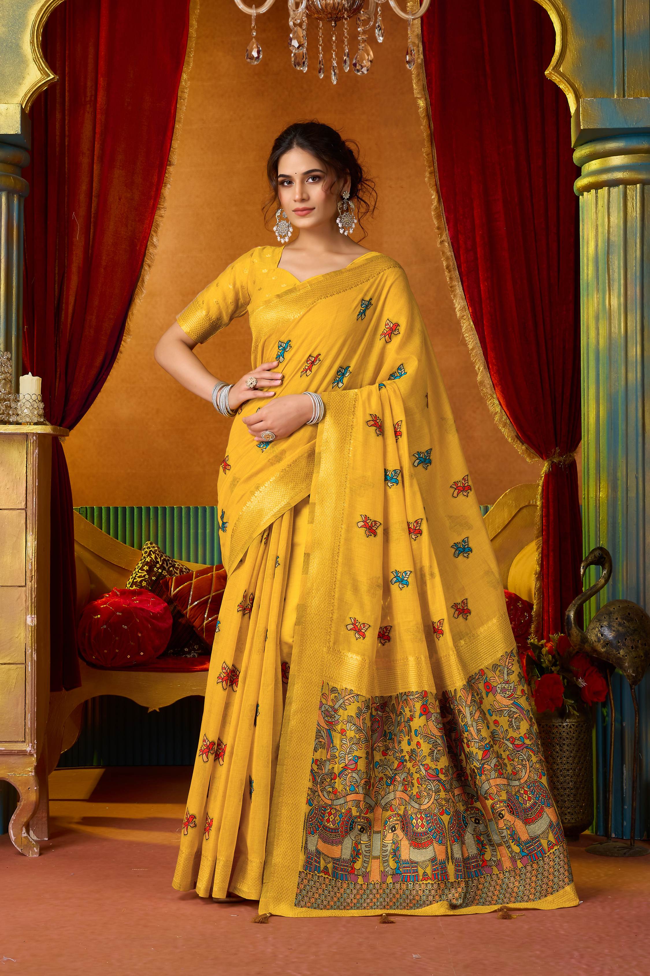 Jyoti Fashion Women's Yellow Modal Zari Woven Saree with Blouse - Dista