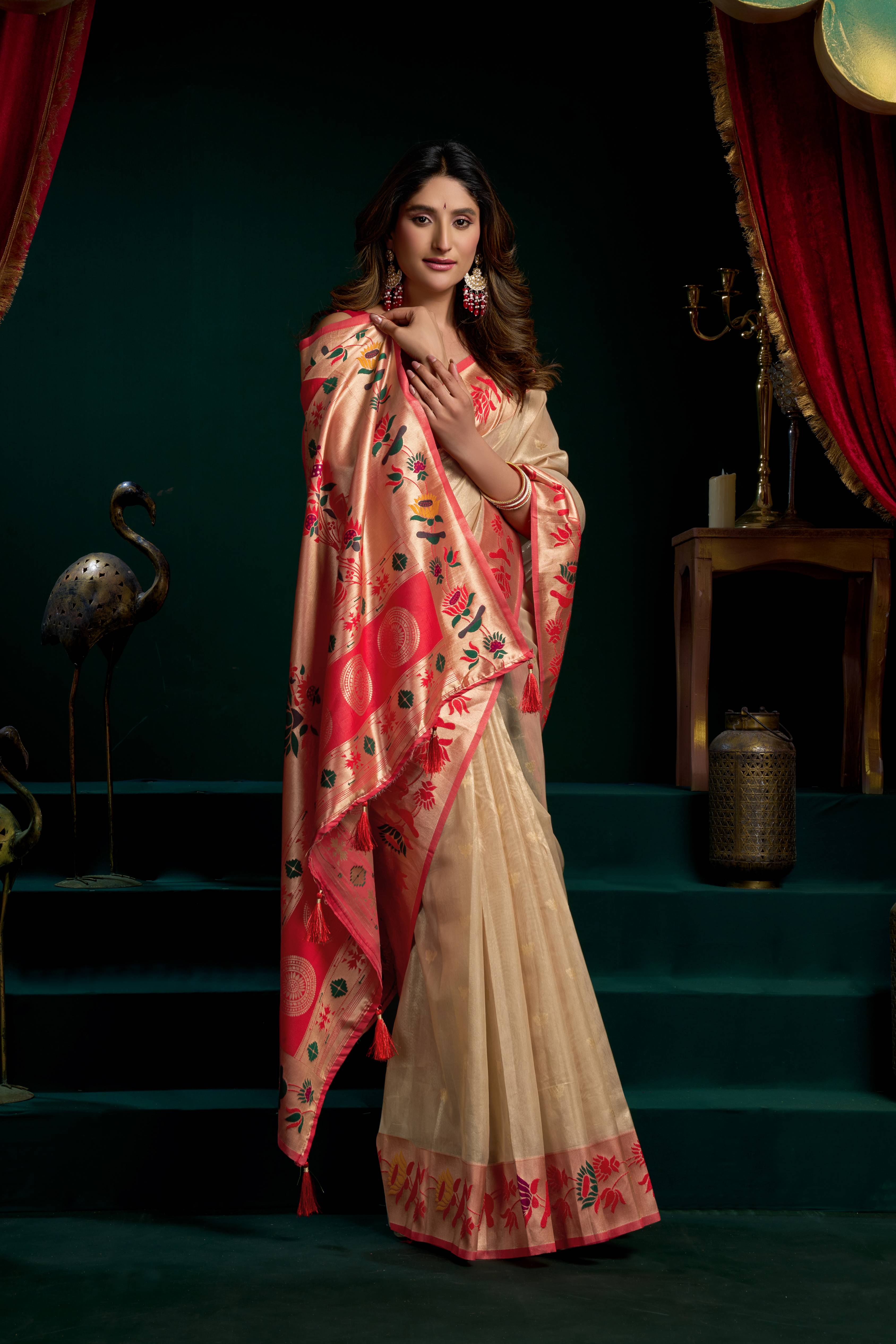 Jyoti Fashion Women's Cream Tissue Paithani Zari Woven Saree with Blouse - Dista