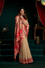 Thumbnail for Jyoti Fashion Women's Cream Tissue Paithani Zari Woven Saree with Blouse - Dista