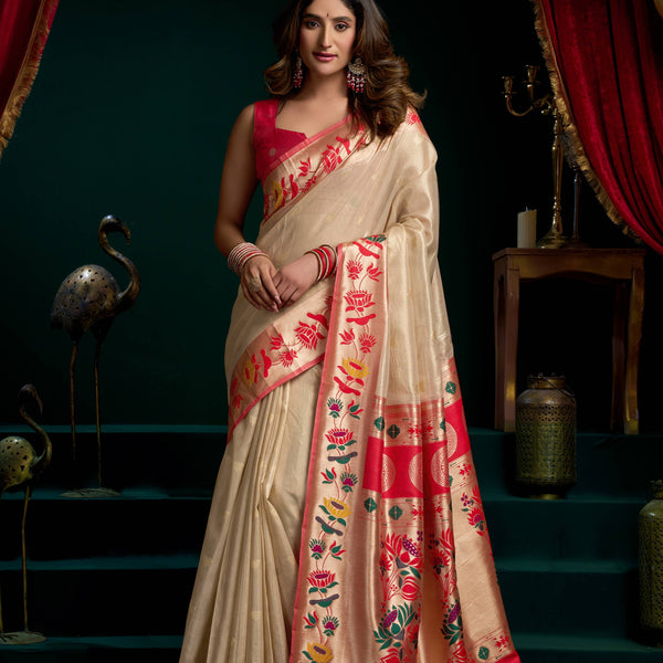 Jyoti Fashion Women's Cream Tissue Paithani Zari Woven Saree with Blouse - Dista