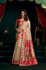 Thumbnail for Jyoti Fashion Women's Cream Tissue Paithani Zari Woven Saree with Blouse - Dista