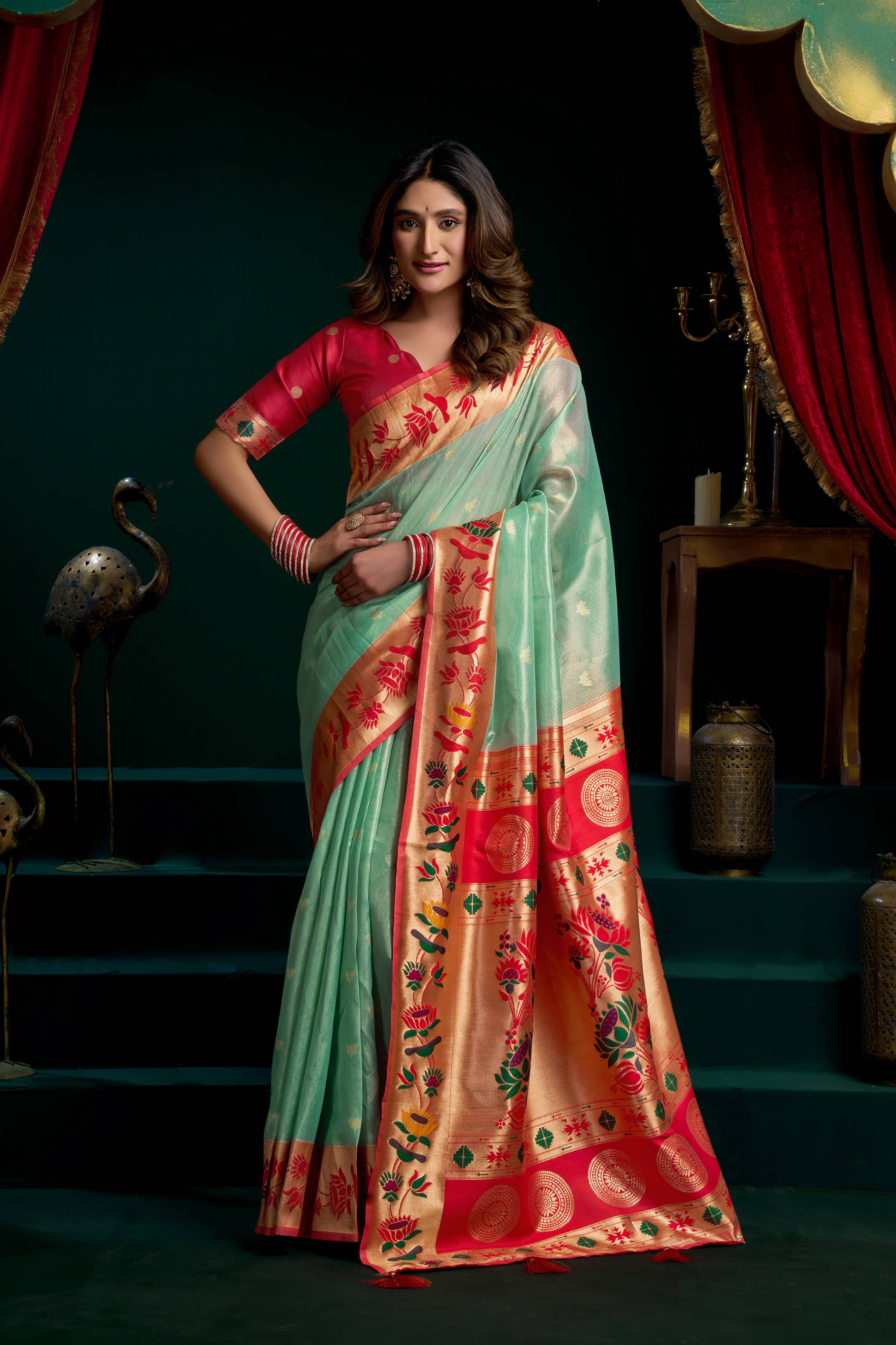 Jyoti Fashion Women's Sea Green Tissue Paithani Zari Woven Saree with Blouse - Dista