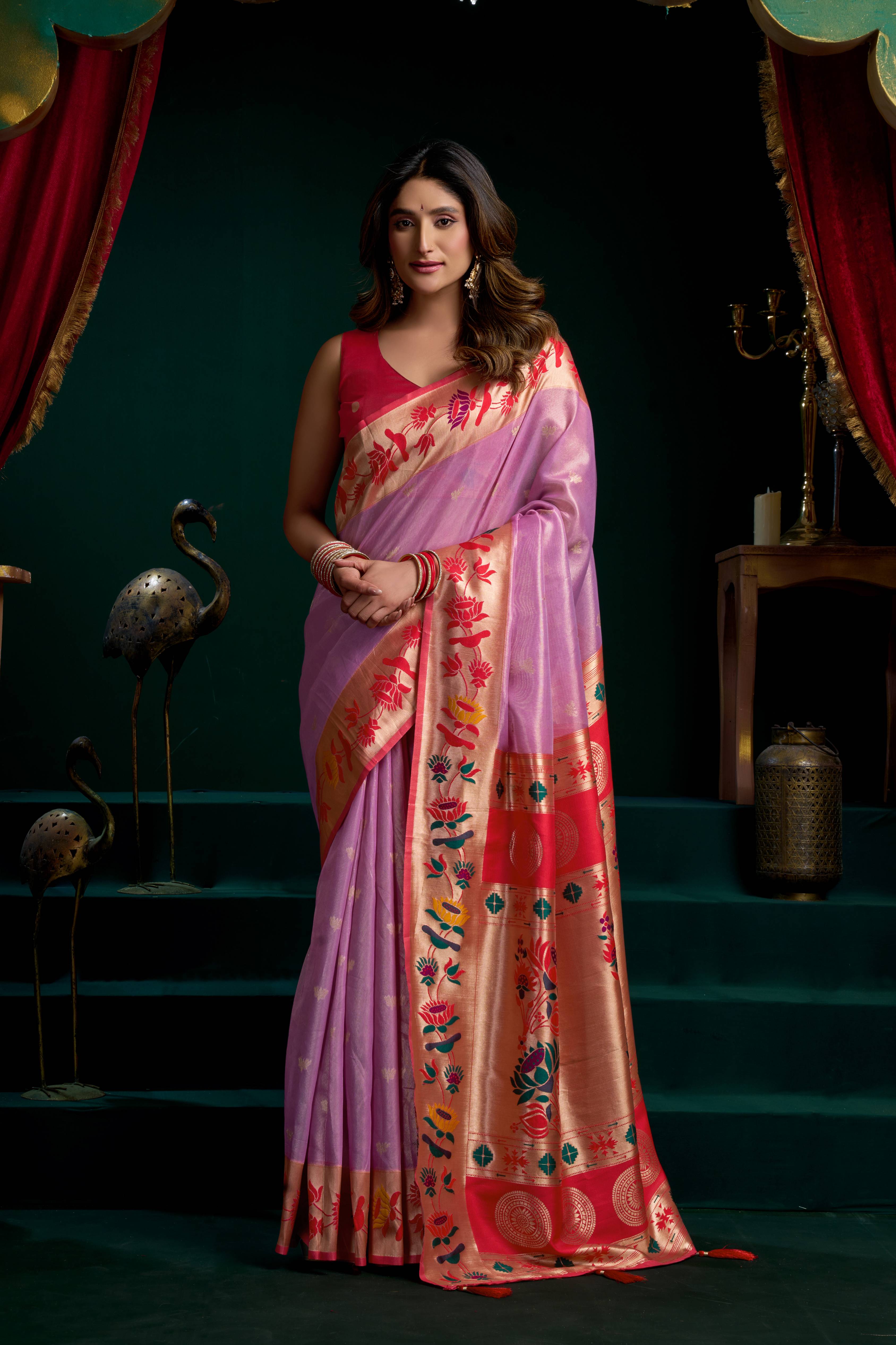 Jyoti Fashion Women's Purple Tissue Paithani Zari Woven Saree with Blouse - Dista