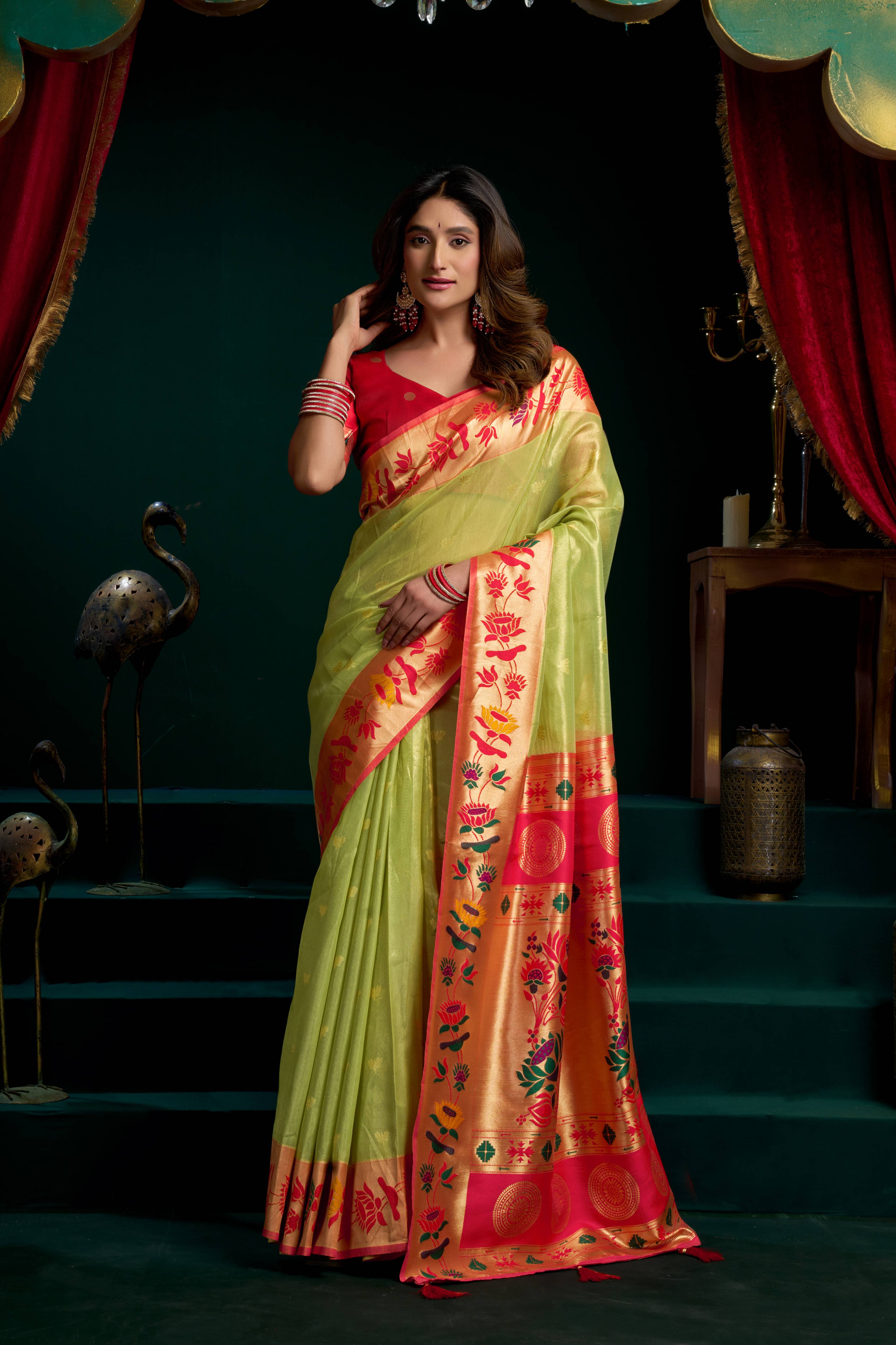 Jyoti Fashion Women's Green Tissue Paithani Zari Woven Saree with Blouse - Dista