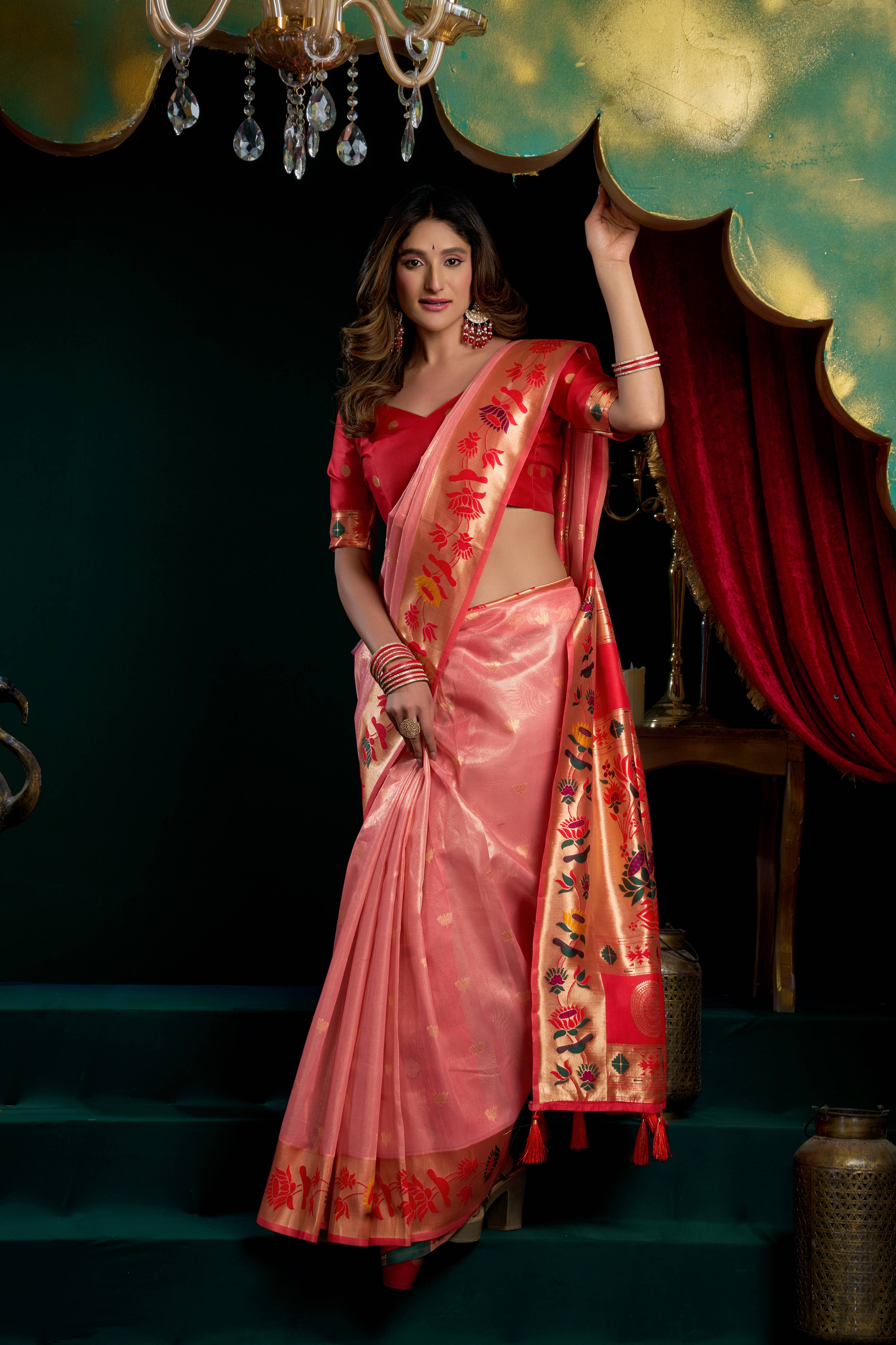 Jyoti Fashion Women's Peach Tissue Paithani Zari Woven Saree with Blouse - Dista