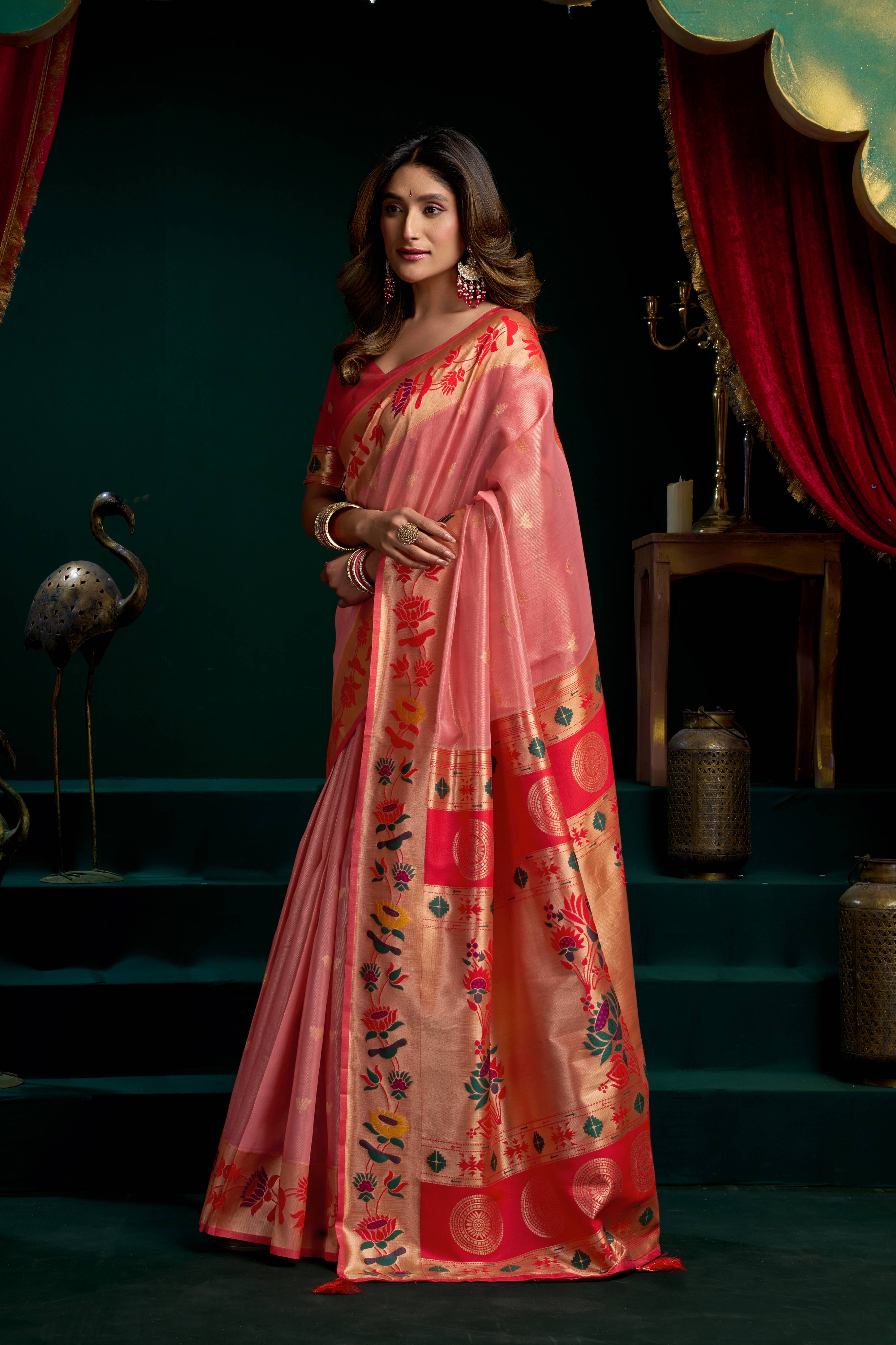 Jyoti Fashion Women's Peach Tissue Paithani Zari Woven Saree with Blouse - Dista