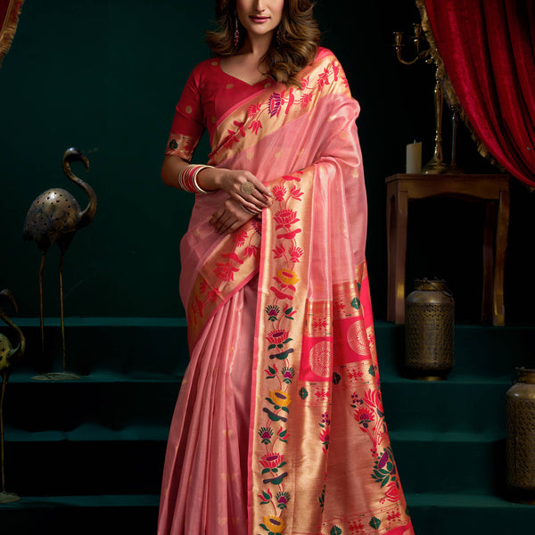 Jyoti Fashion Women's Peach Tissue Paithani Zari Woven Saree with Blouse - Dista