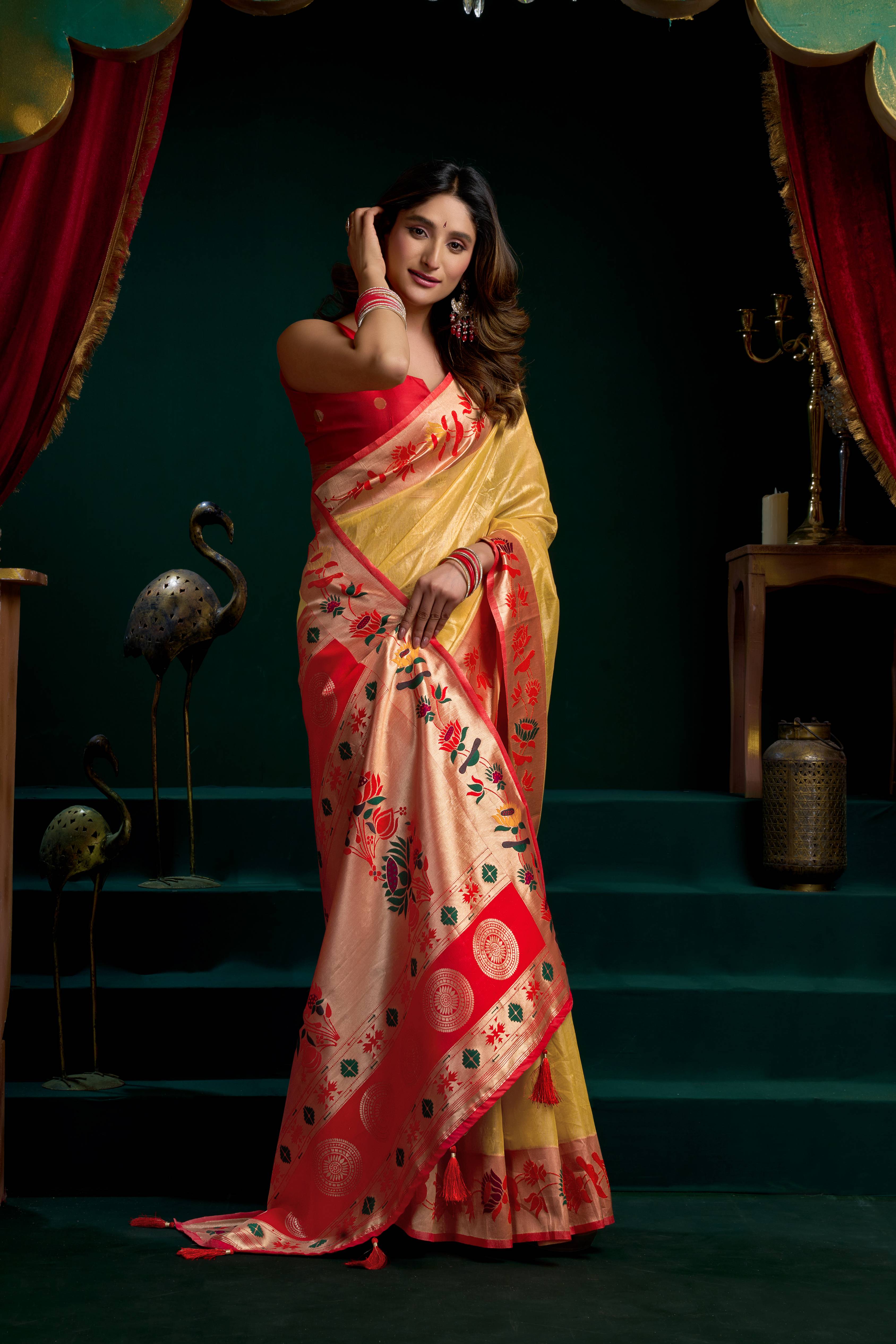 Jyoti Fashion Women's Mustard Tissue Paithani Zari Woven Saree with Blouse - Dista