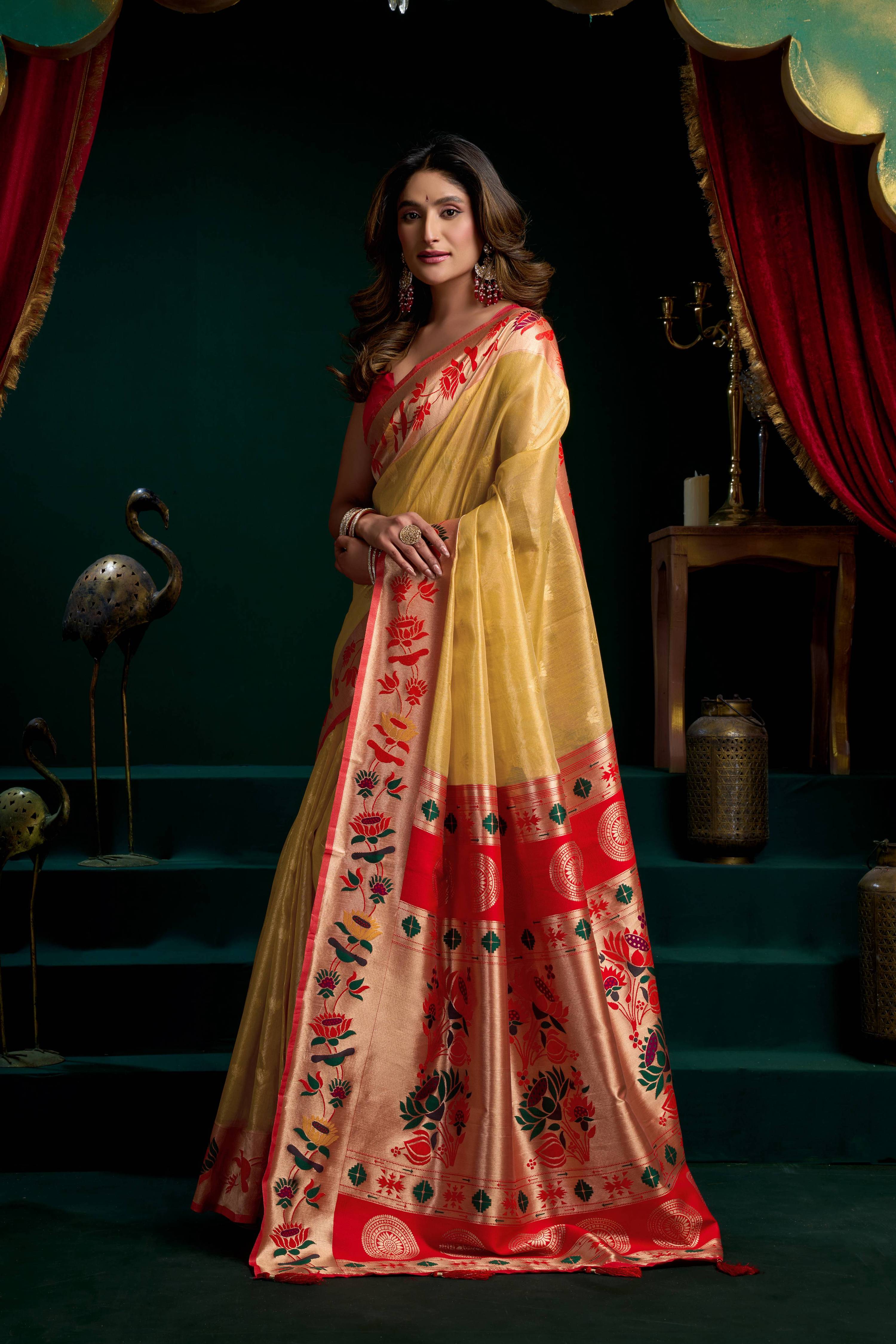 Jyoti Fashion Women's Mustard Tissue Paithani Zari Woven Saree with Blouse - Dista