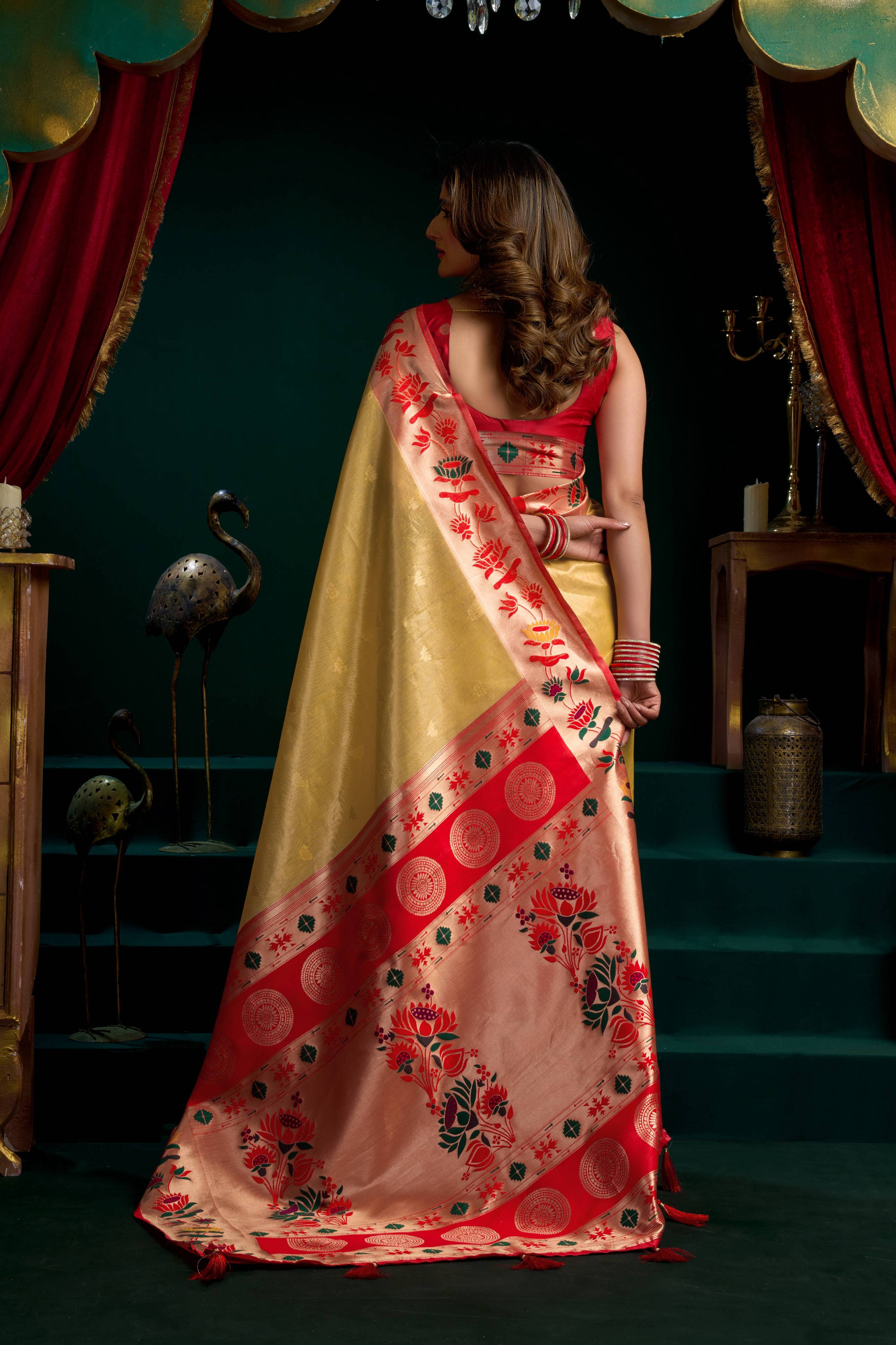 Jyoti Fashion Women's Mustard Tissue Paithani Zari Woven Saree with Blouse - Dista