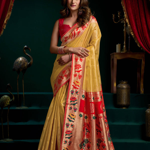 Jyoti Fashion Women's Mustard Tissue Paithani Zari Woven Saree with Blouse - Dista
