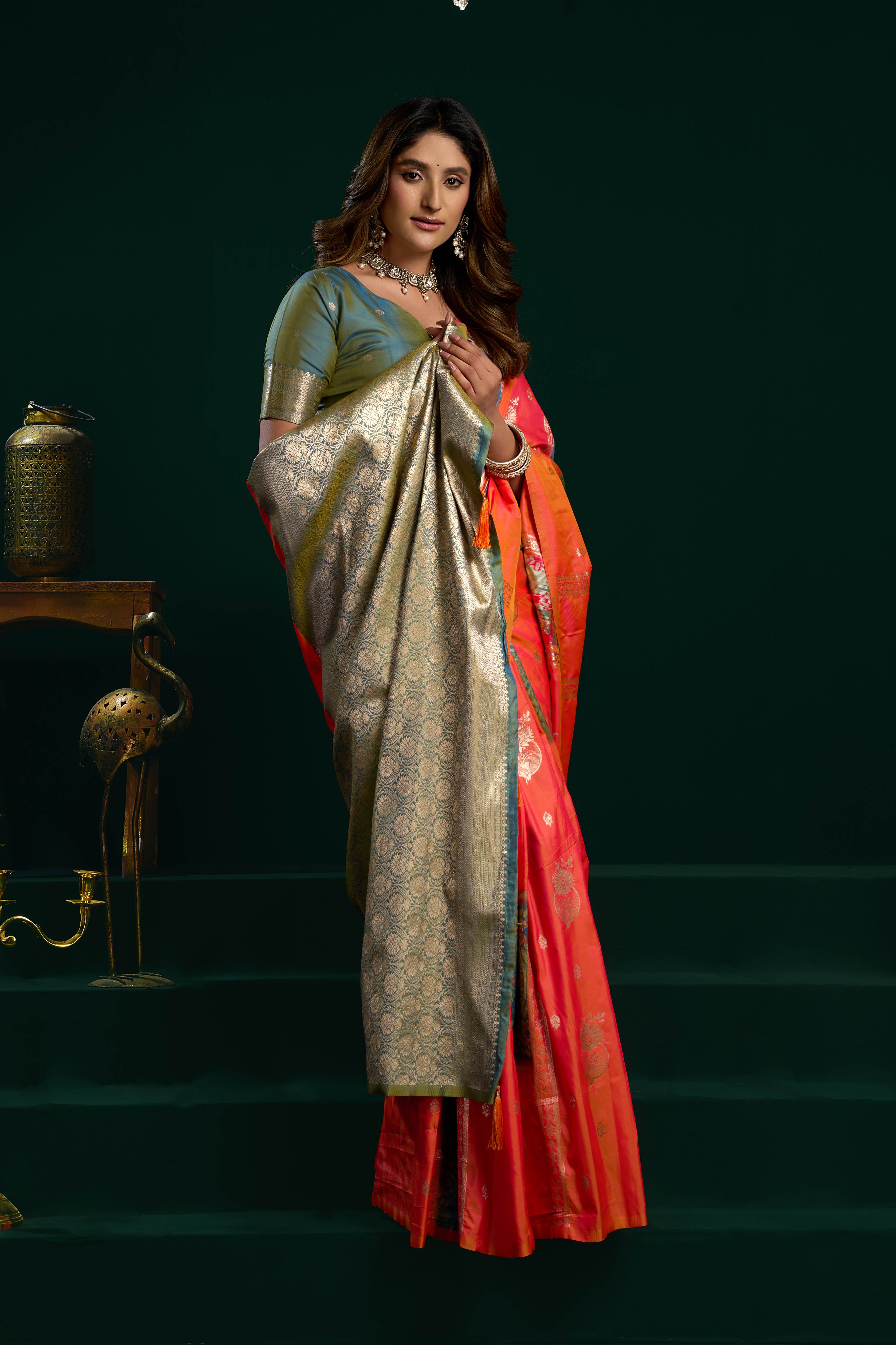 Jyoti Fashion Women's Orange Soft Silk Zari Woven Saree with Blouse - Dista