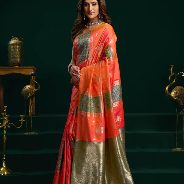 Jyoti Fashion Women's Orange Soft Silk Zari Woven Saree with Blouse - Dista