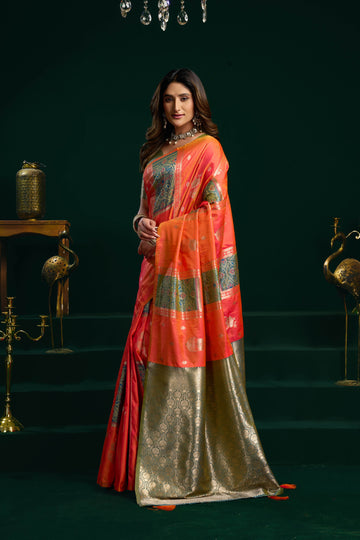 Jyoti Fashion Women's Orange Soft Silk Zari Woven Saree with Blouse - Dista
