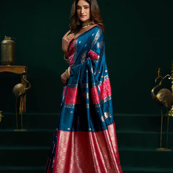 Jyoti Fashion Women's Blue Soft Silk Zari Woven Saree with Blouse - Dista