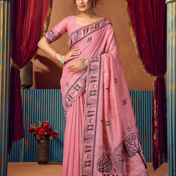 Jyoti Fashion Women's Pink Modal Zari Woven Saree with Blouse - Dista