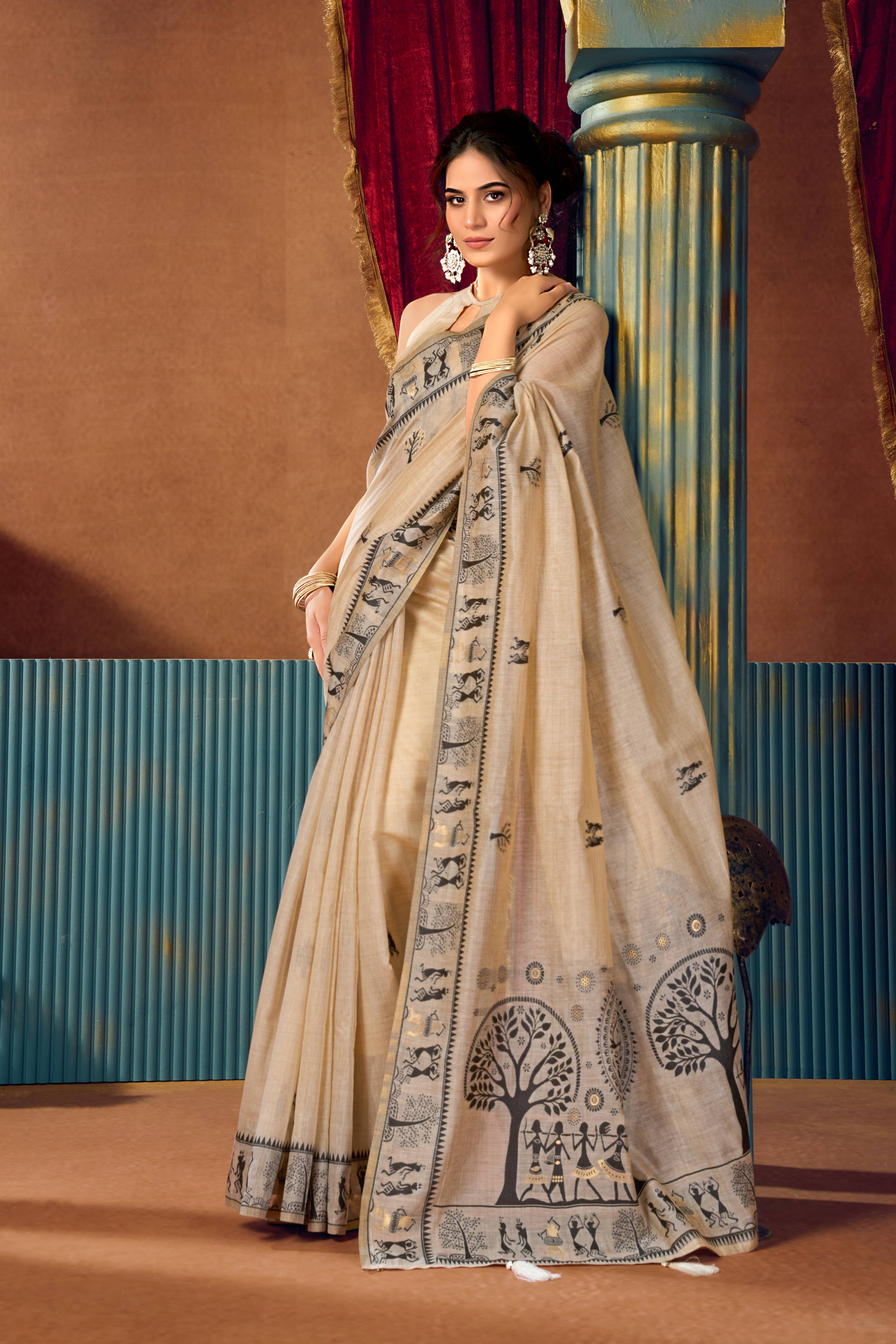 Jyoti Fashion Women's Beige Modal Zari Woven Saree with Blouse - Dista