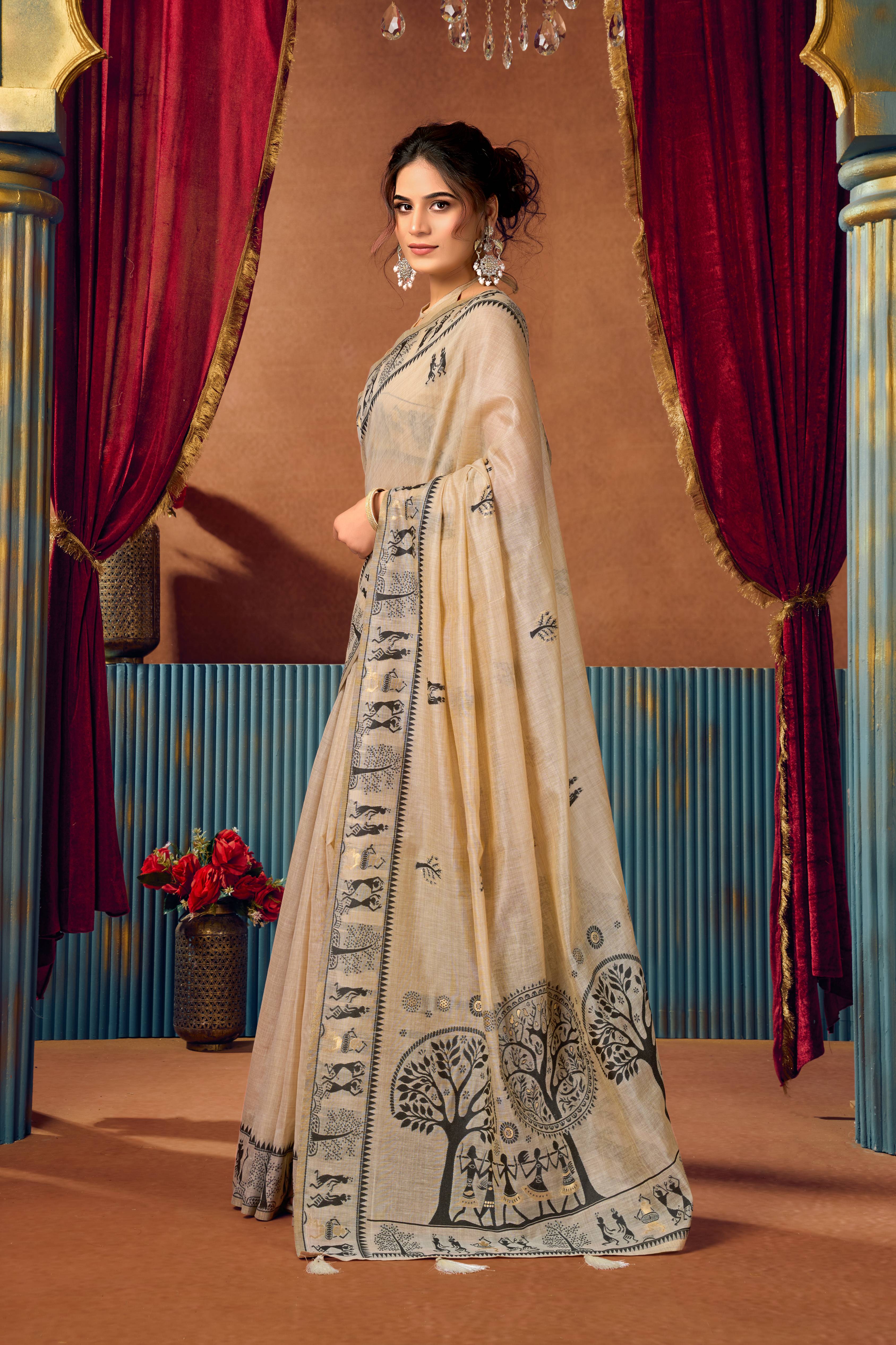 Jyoti Fashion Women's Beige Modal Zari Woven Saree with Blouse - Dista