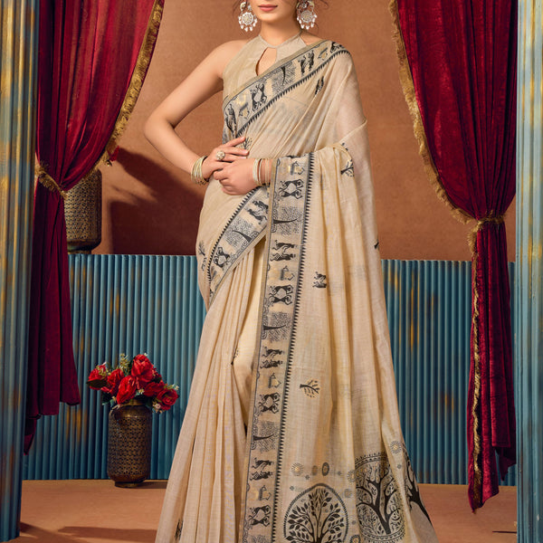 Jyoti Fashion Women's Beige Modal Zari Woven Saree with Blouse - Dista