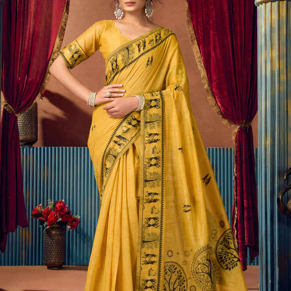 Jyoti Fashion Women's Yellow Modal Zari Woven Saree with Blouse - Dista