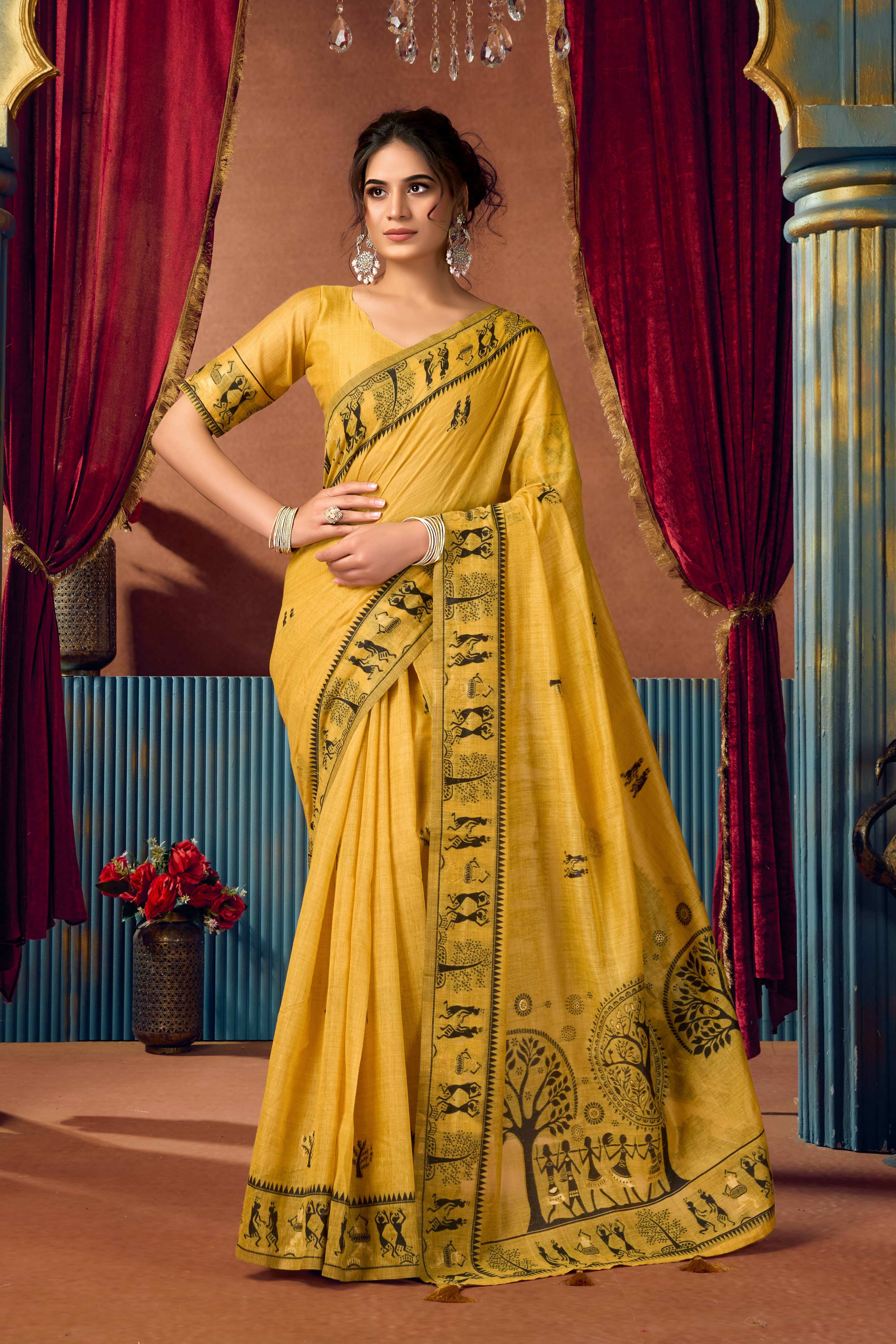 Jyoti Fashion Women's Yellow Modal Zari Woven Saree with Blouse - Dista