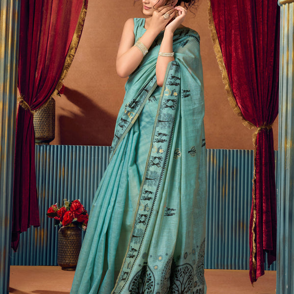 Jyoti Fashion Women's Turquoise Modal Zari Woven Saree with Blouse - Dista