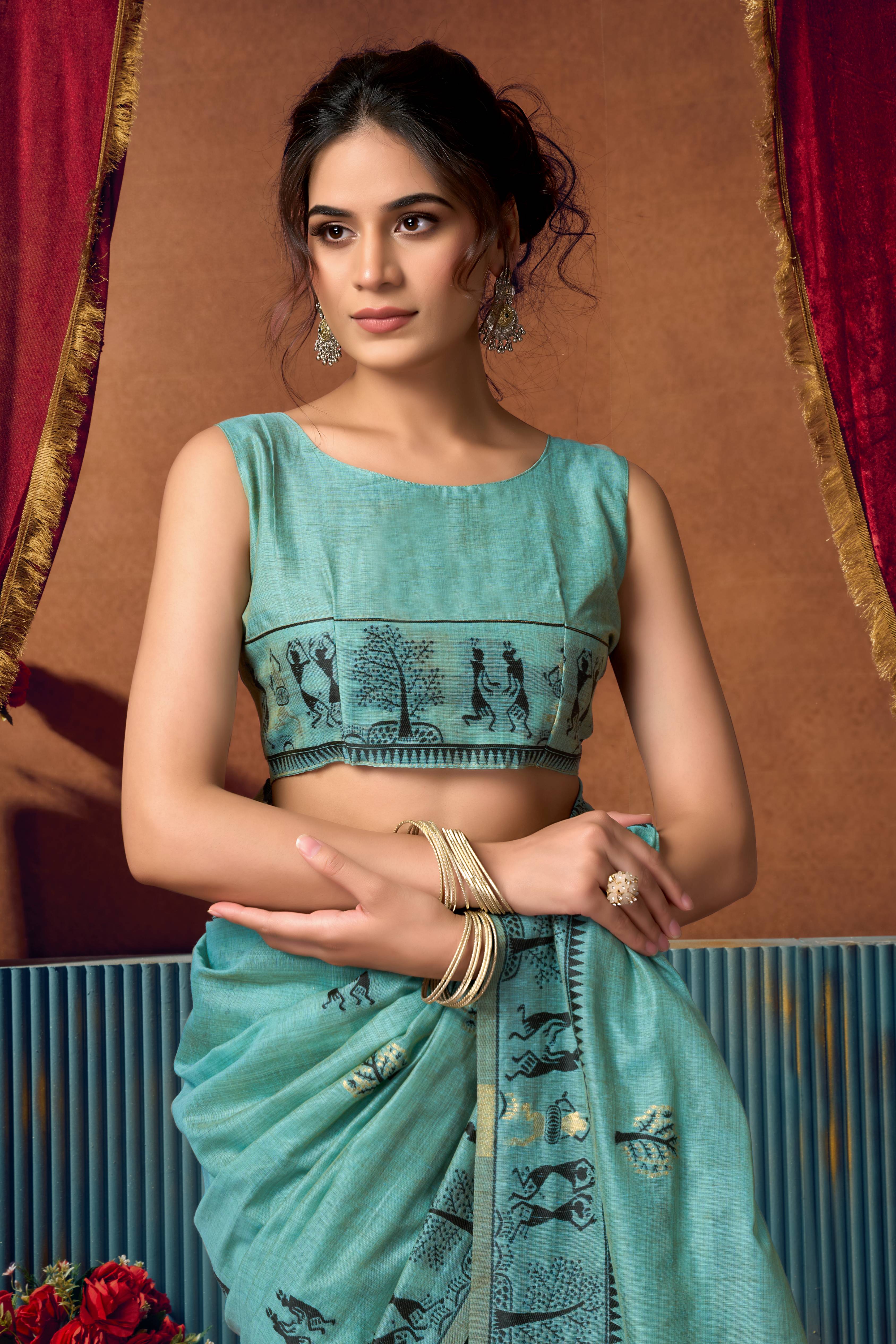 Jyoti Fashion Women's Turquoise Modal Zari Woven Saree with Blouse - Dista